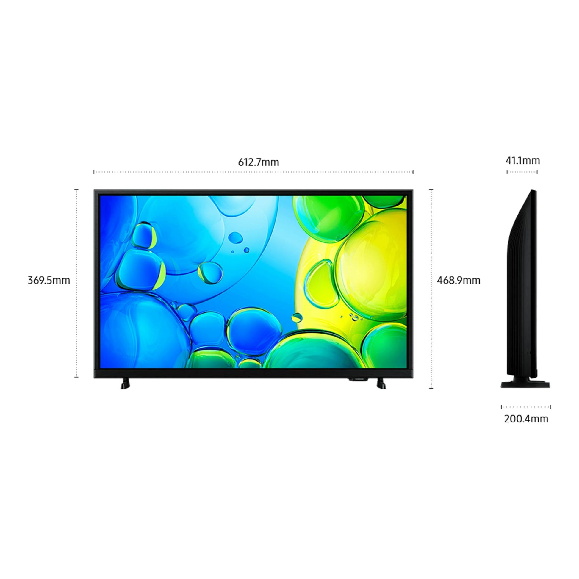 Samsung TU27F6005FKXXC: TV LED negro en vista frontal y lateral, con medidas indicadas.