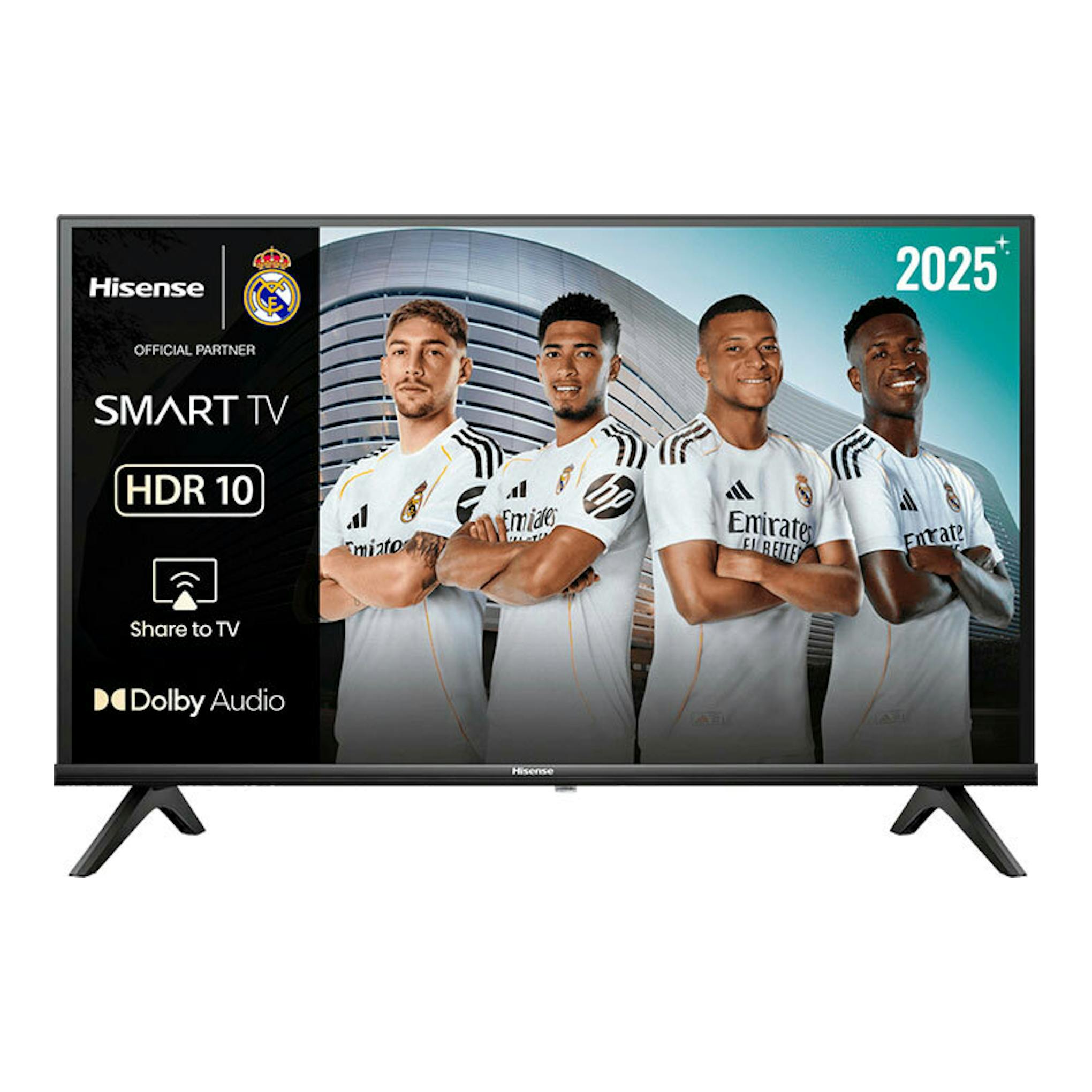 Televisor Hisense 32A4Q Smart TV, vista frontal, marco negro y patas laterales, con pantalla promocional.