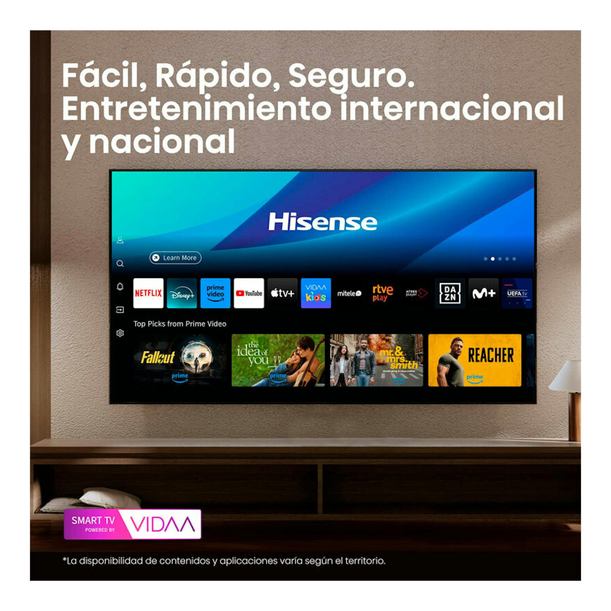 Televisor Hisense 32A4Q de frente, con interfaz VIDAA y aplicaciones de streaming en pantalla.
