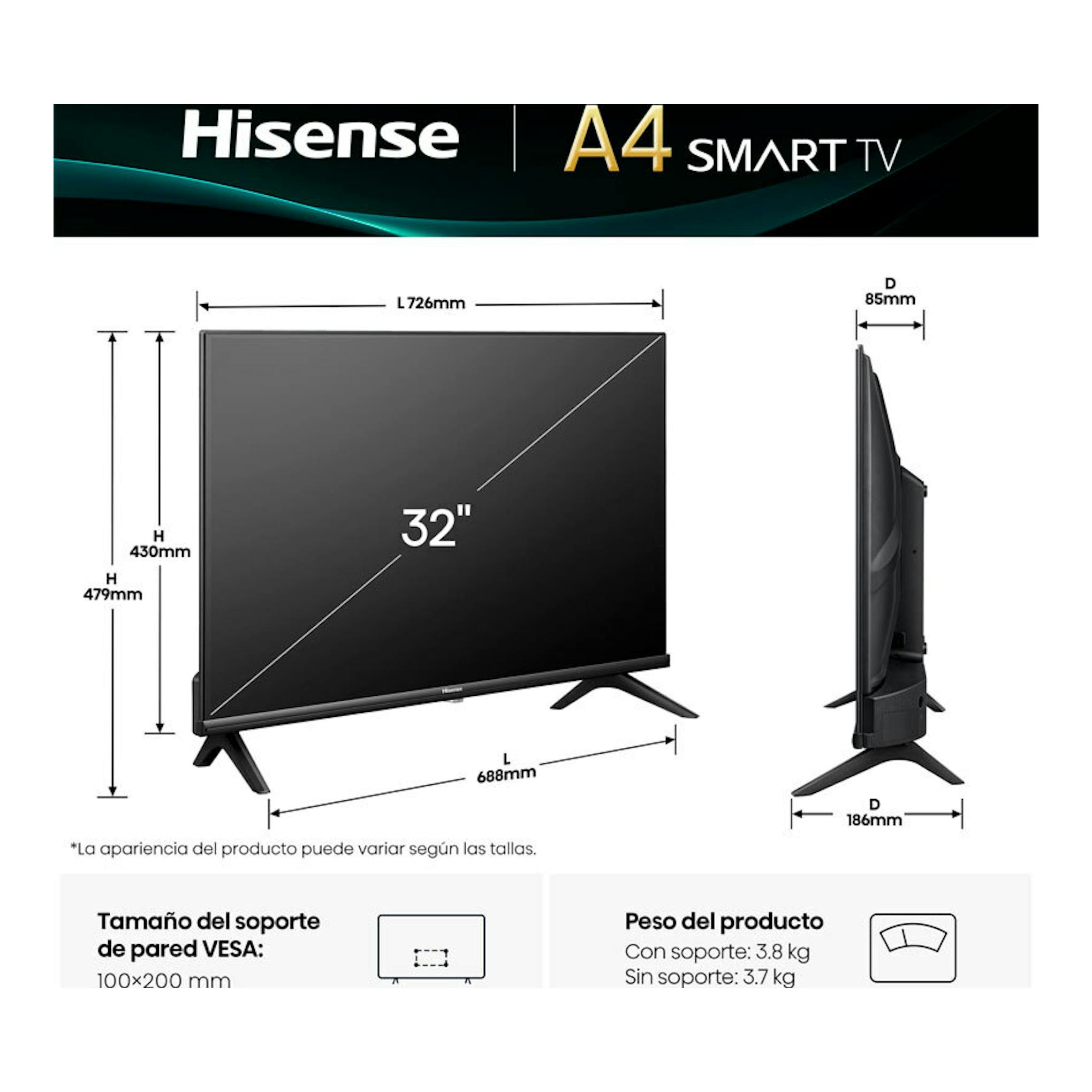 Hisense A4 Smart TV 32" (32A4Q), negra, vista frontal y lateral con soportes.