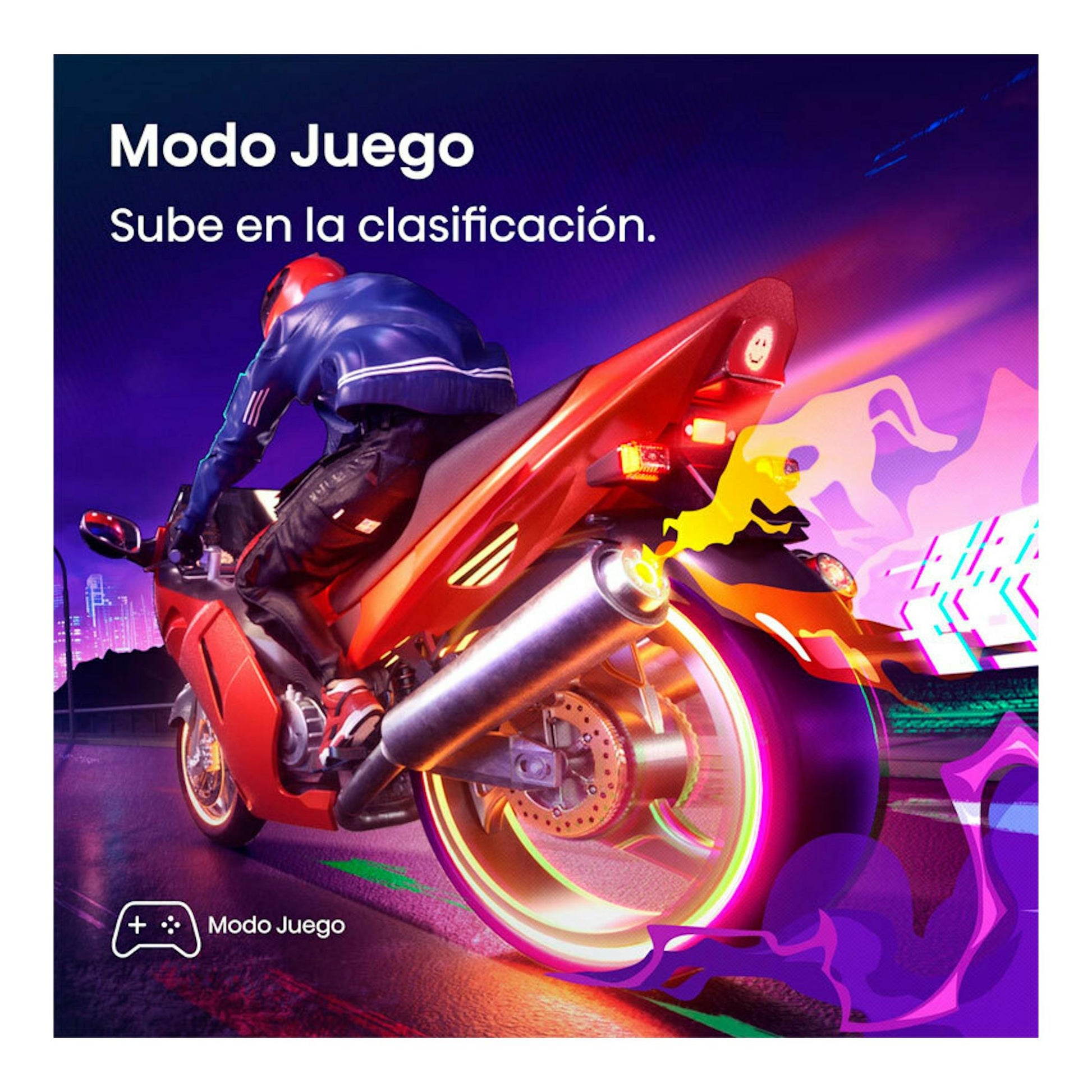Hisense 32A4Q: gráfica promocional de Modo Juego con motociclista en moto roja y luces neón.