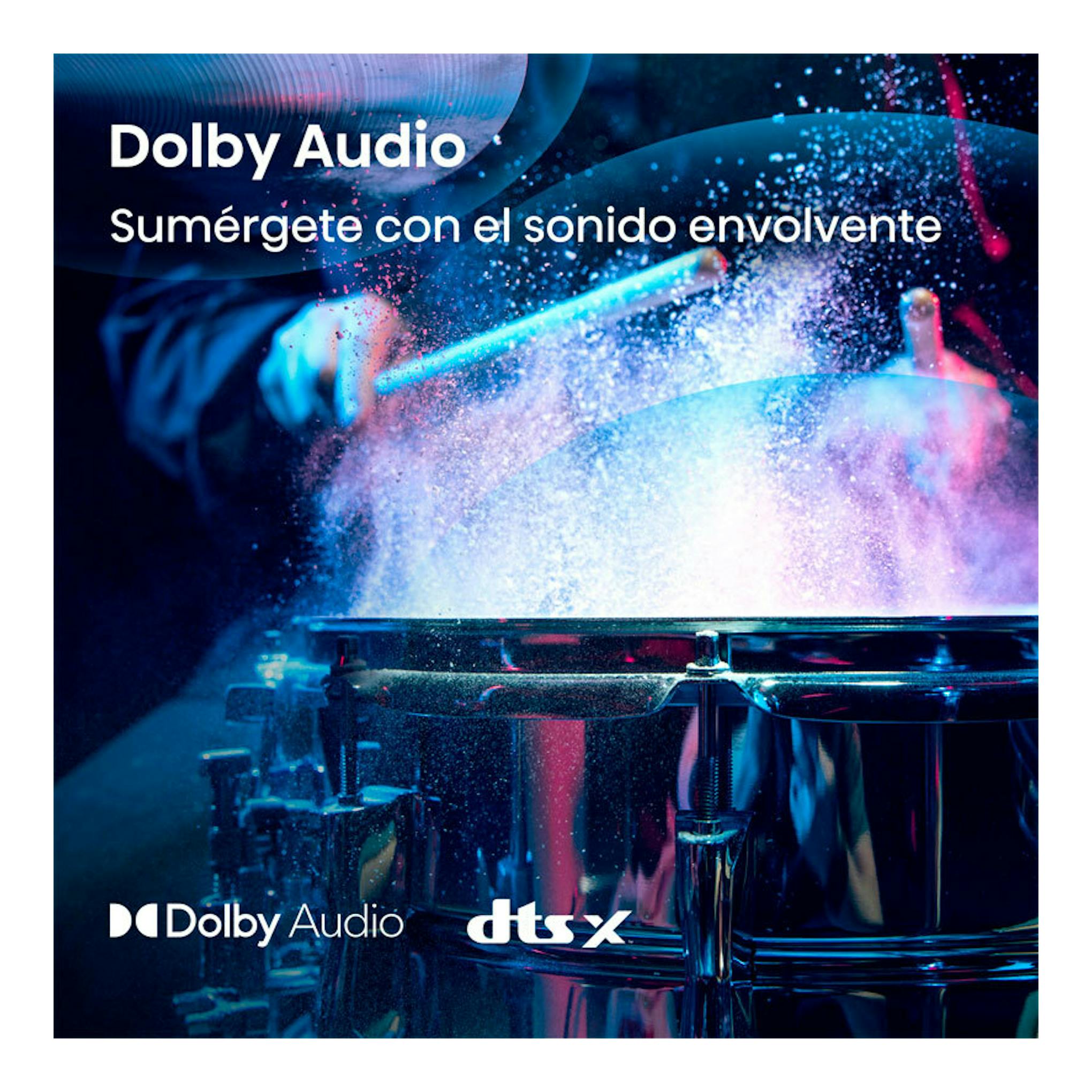 Anuncio de Dolby Audio y dts:X con una batería en primer plano y salpicaduras azules y rosas.