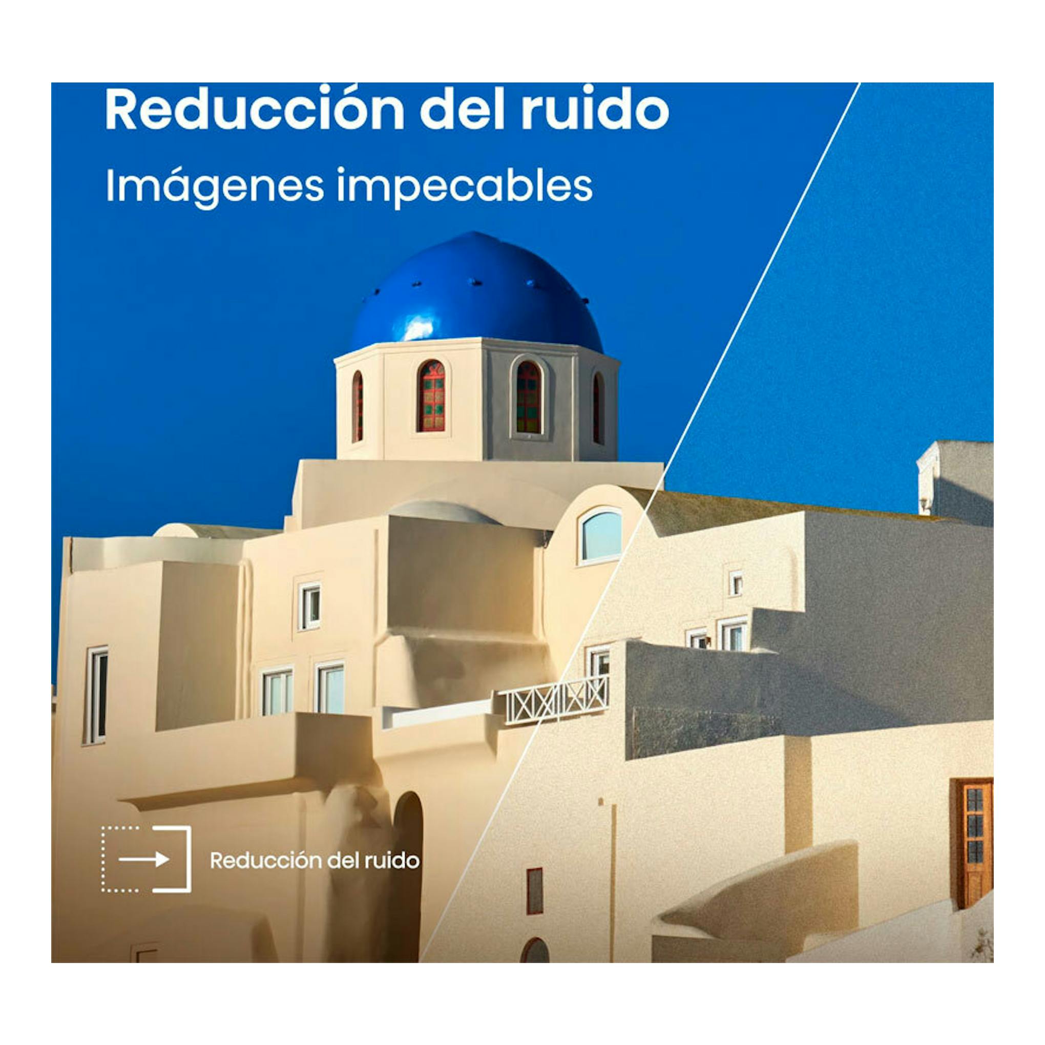 Gráfico promocional de Hisense 32A4Q con edificio blanco, cúpula azul y texto "Reducción del ruido".