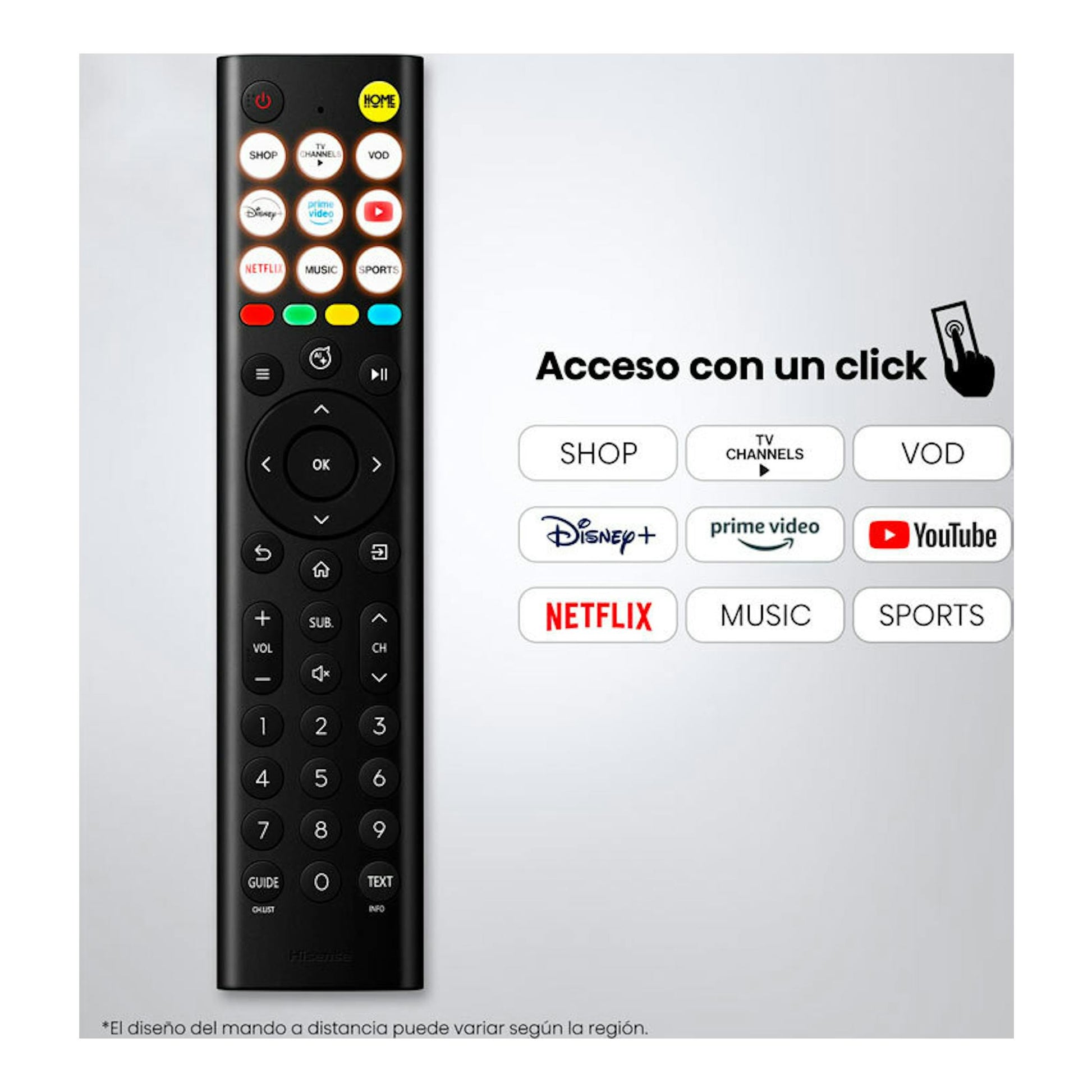Mando a distancia Hisense negro, vista frontal, con botones de apps y acceso a Netflix, YouTube, Disney+ y Prime Video.