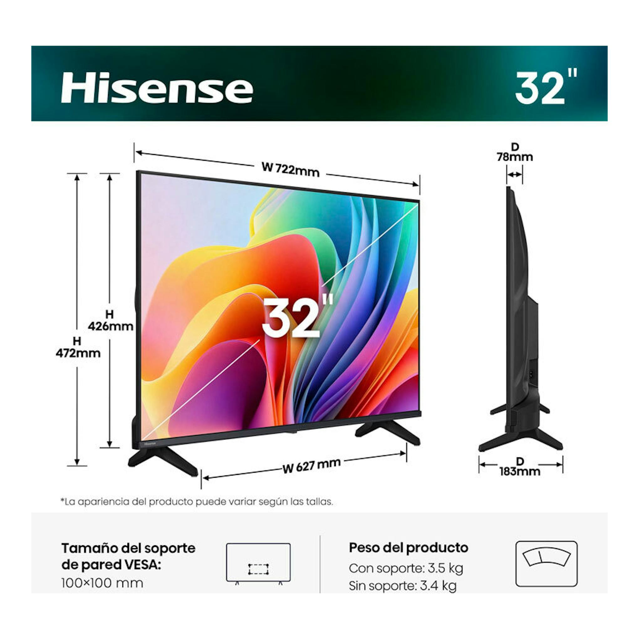Hisense 32A4S TV LED de 32", vista frontal y lateral, con medidas y base negra.