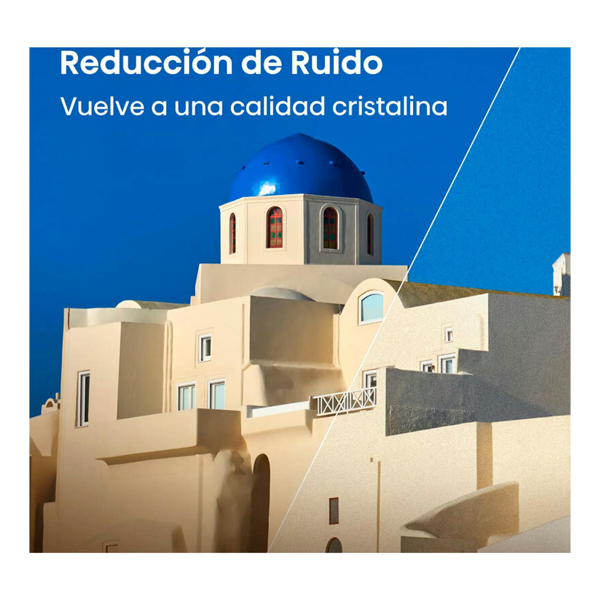 Hisense 32A4S: gráfico con edificio blanco y cúpula azul, dividido en diagonal, con texto sobre reducción de ruido.
