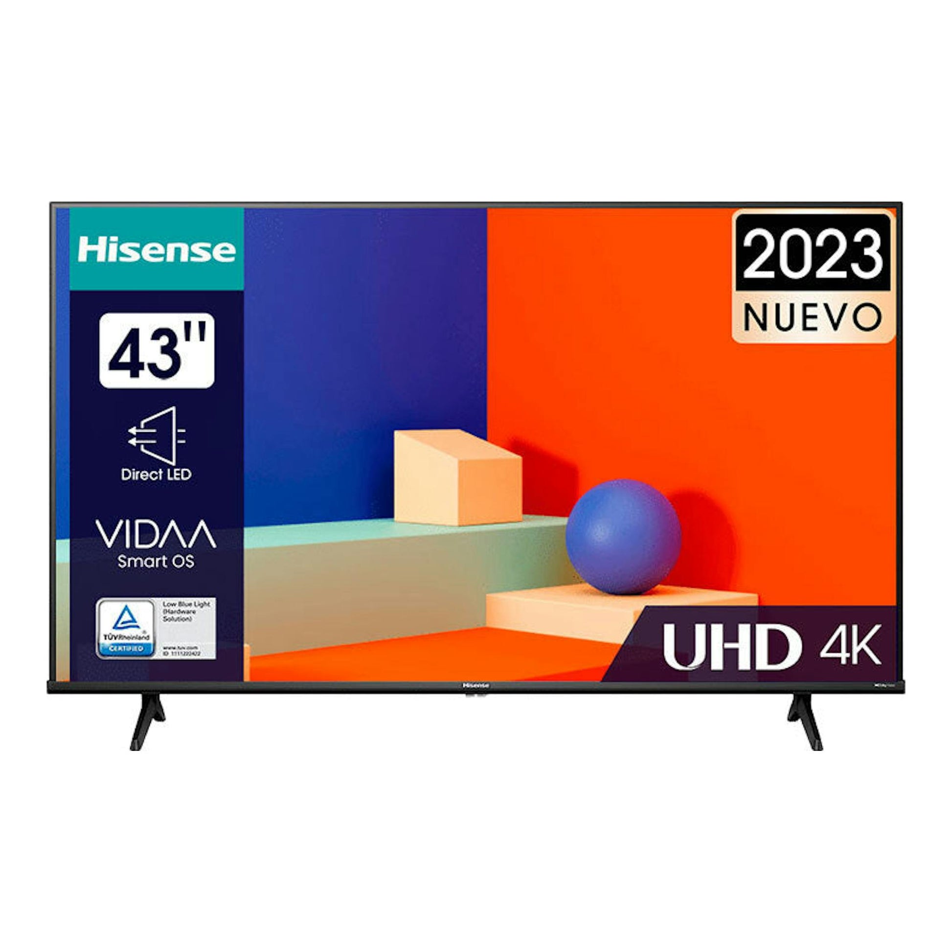 TV Hisense 43A6K de 43", vista frontal, pantalla UHD 4K con imagen colorida y soportes negros.