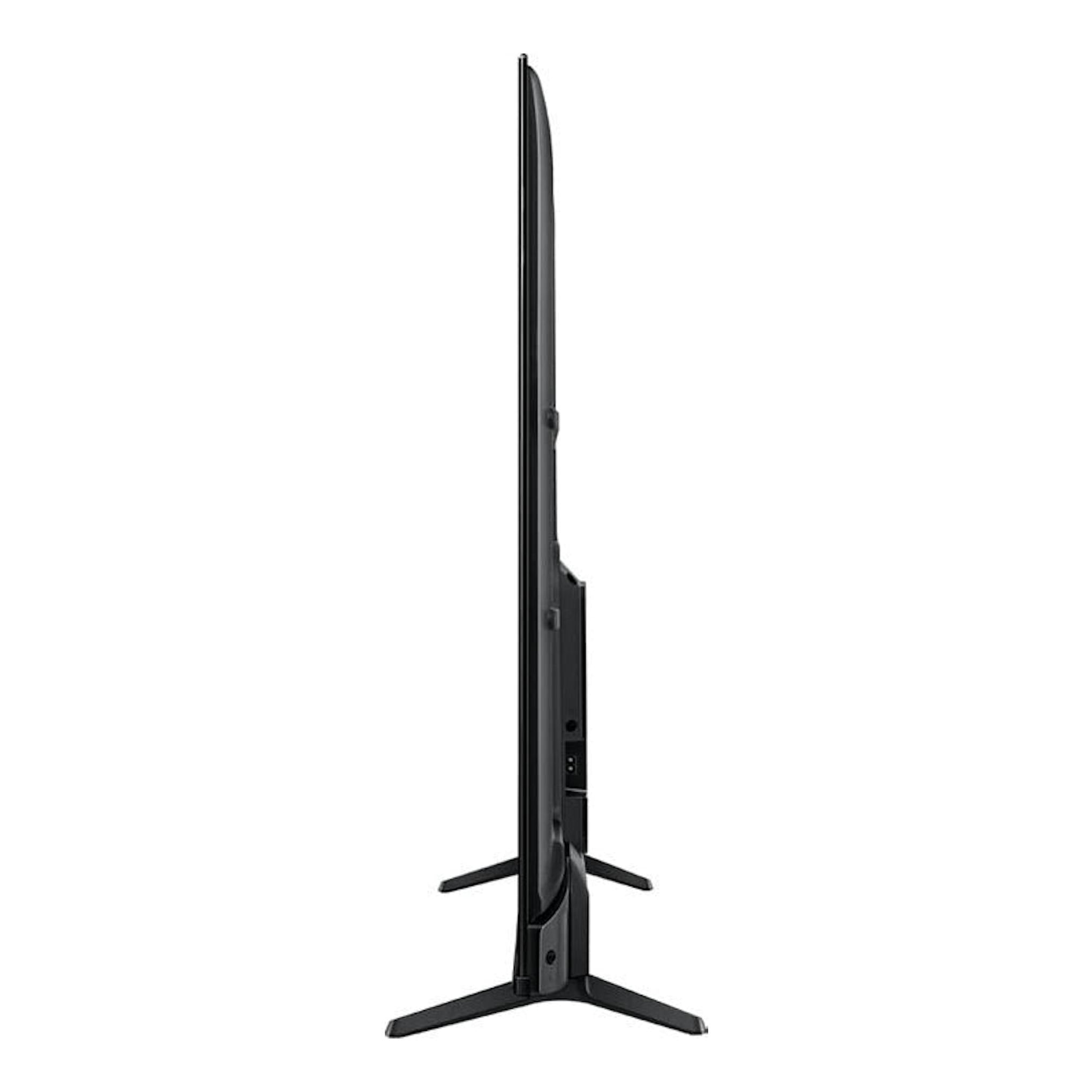 TV Hisense 43A6K negra, vista lateral, sobre base de patas, perfil delgado.