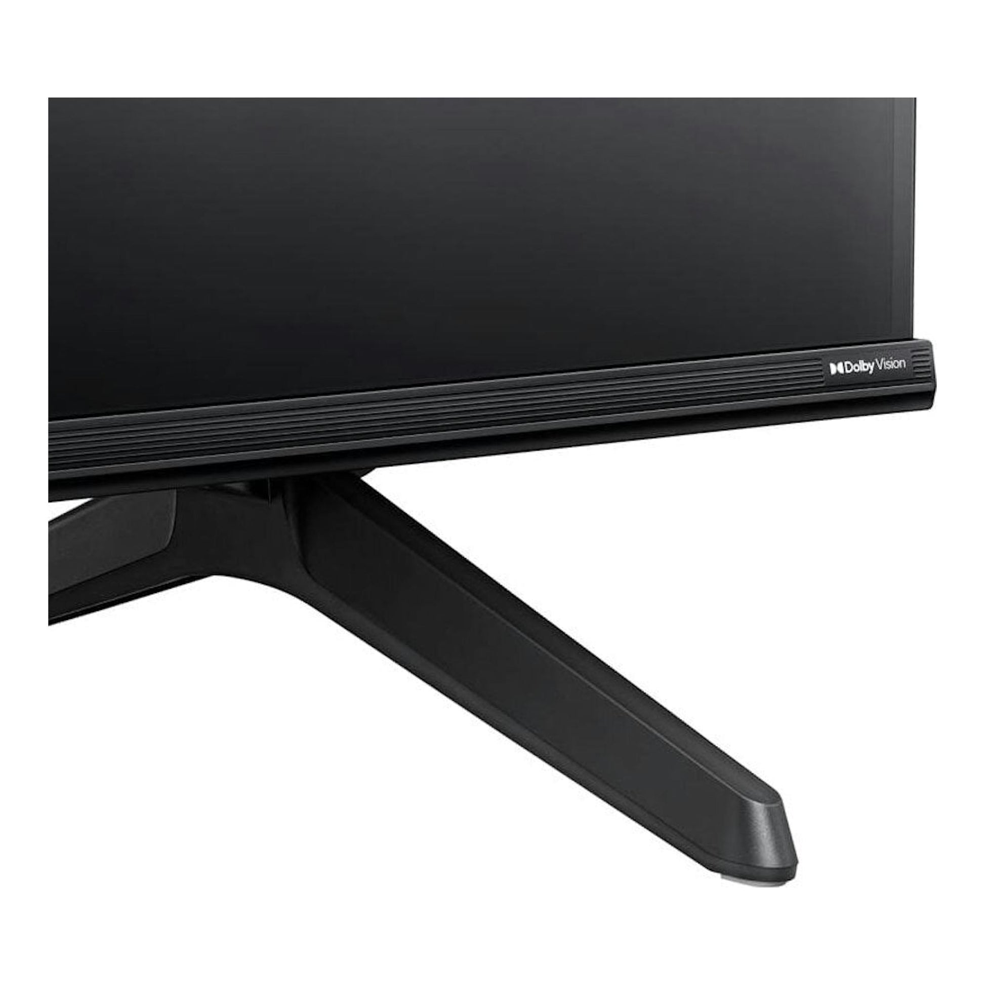 Hisense 43A6K: primer plano del borde inferior de un televisor negro con pie en V y logo Dolby Vision.