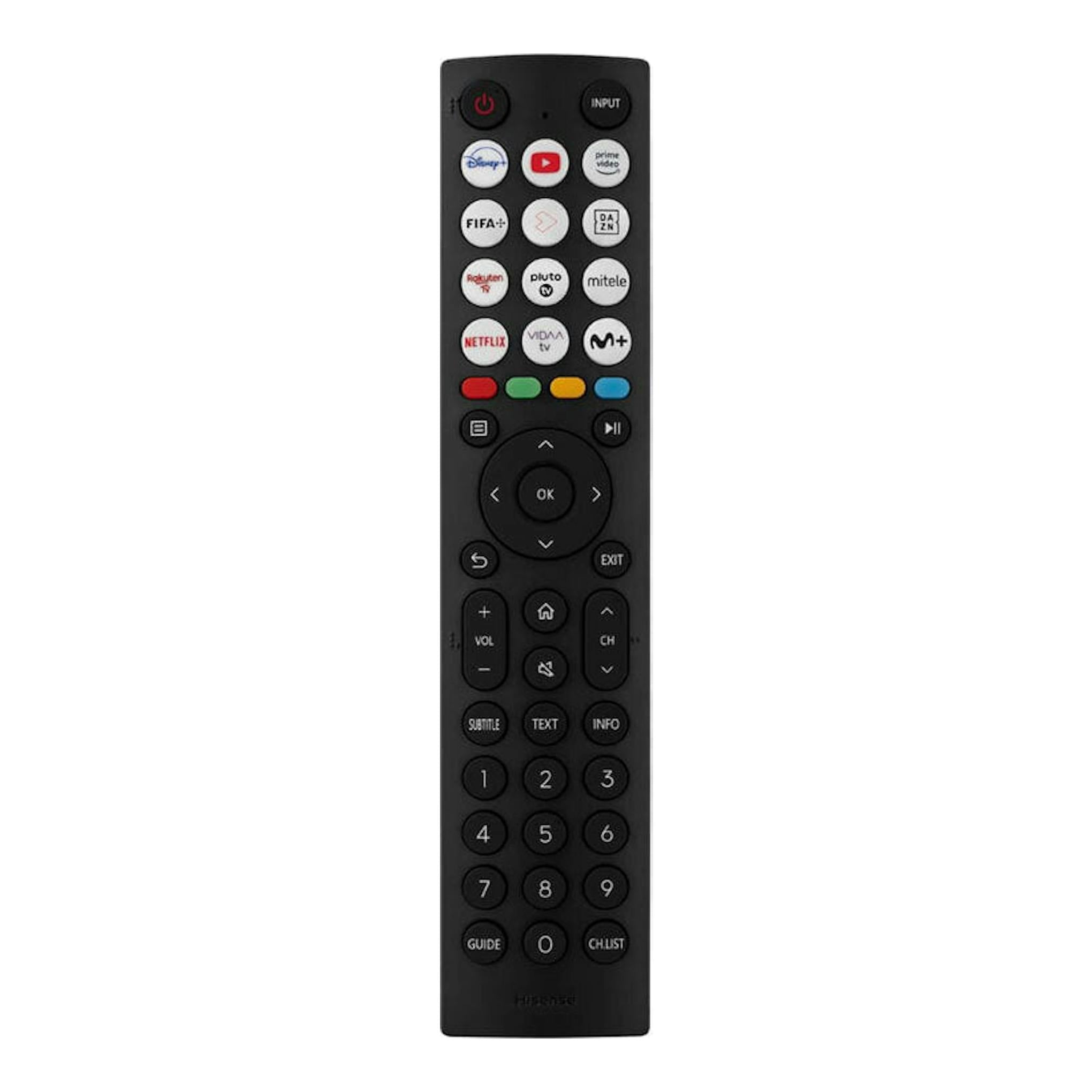 Mando a distancia negro de Hisense, vista frontal, con botones de streaming y teclado numérico.