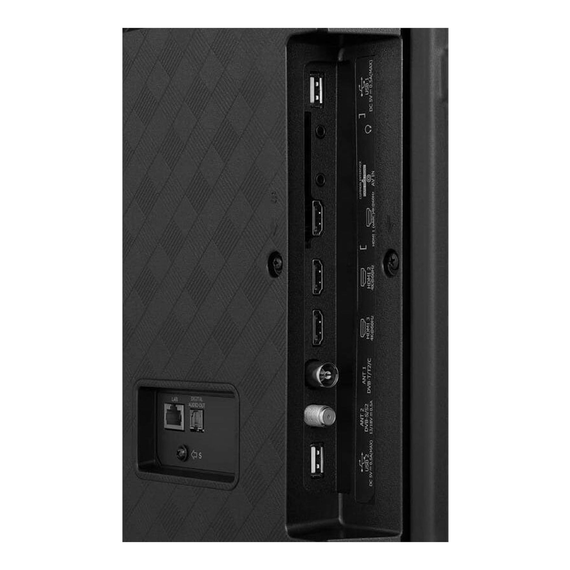 Parte trasera de un TV Hisense 43A6K negro, con vista de los puertos HDMI, USB y red.