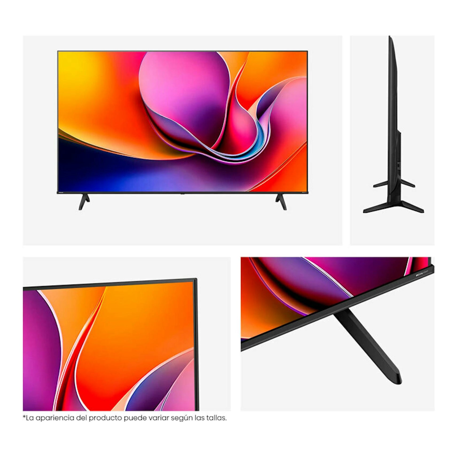 TV Hisense 43A6Q LED 4K de 43 pulgadas, vista frontal y lateral, con patas negras sobre fondo blanco.