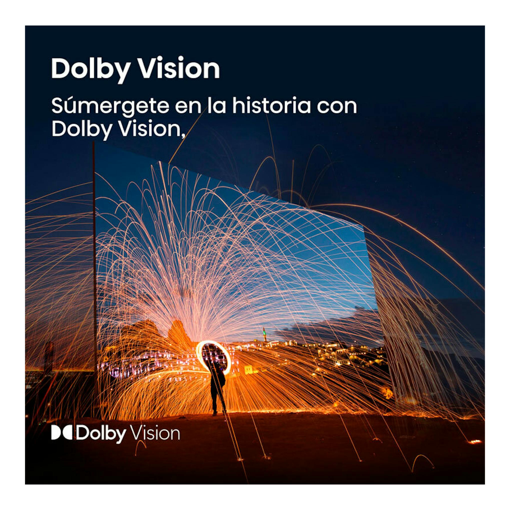 Gráfico promocional de Dolby Vision con escena nocturna y trazos de luz naranja sobre un paisaje.