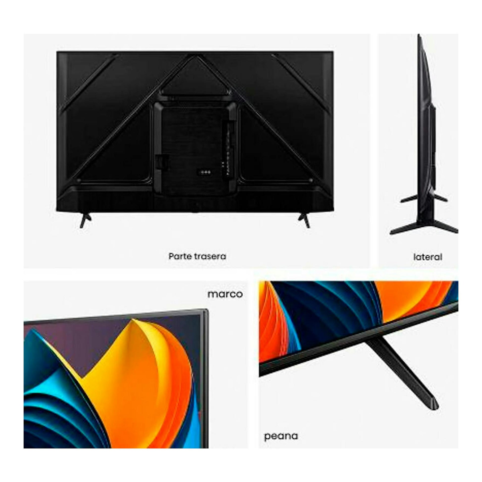 Hisense 43E77NQ QLED 4K de 43 pulgadas, vistas trasera, lateral, marco y peana en color negro.