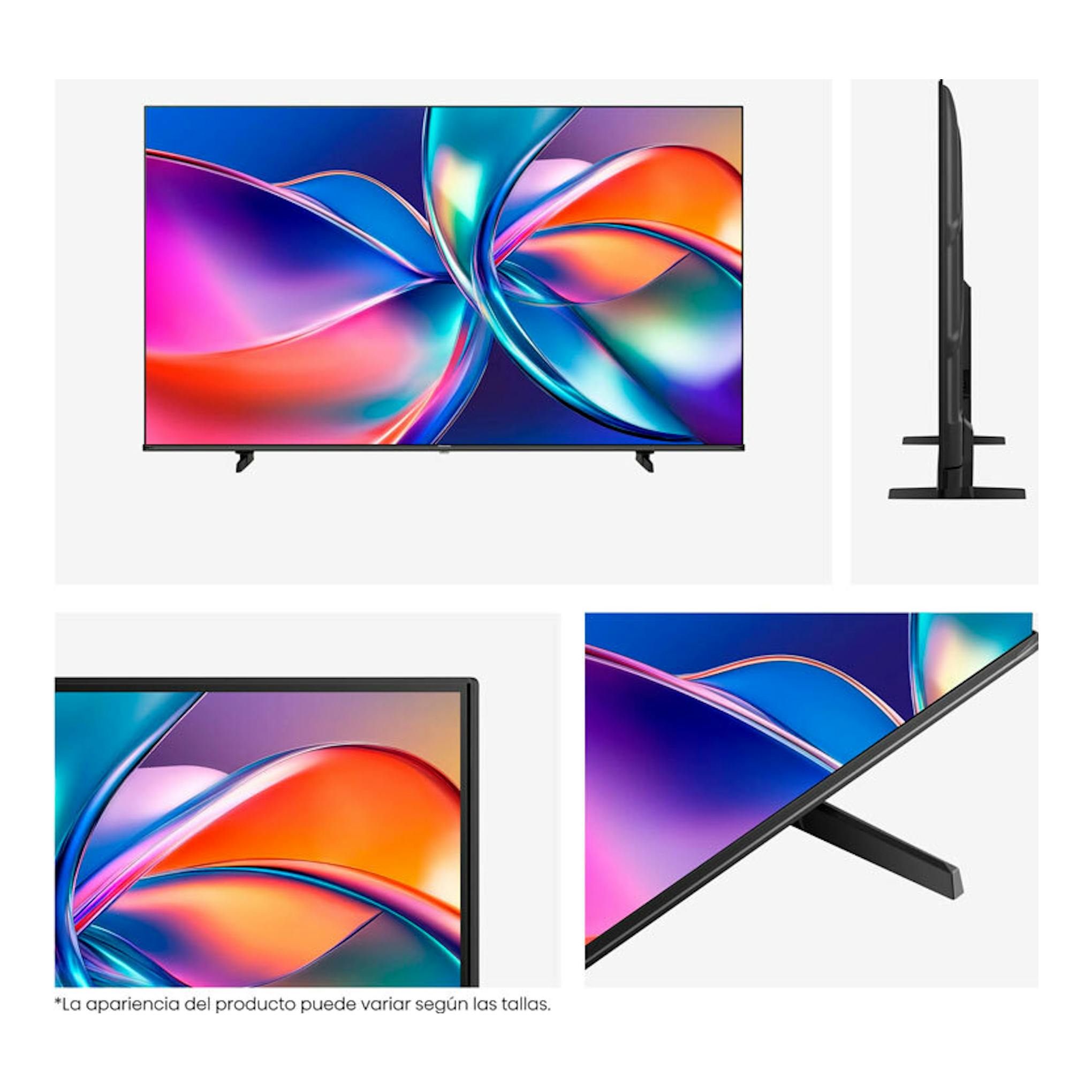 Televisor Hisense 43E77Q QLED 4K de 43 pulgadas, vista frontal y lateral, con marco negro.