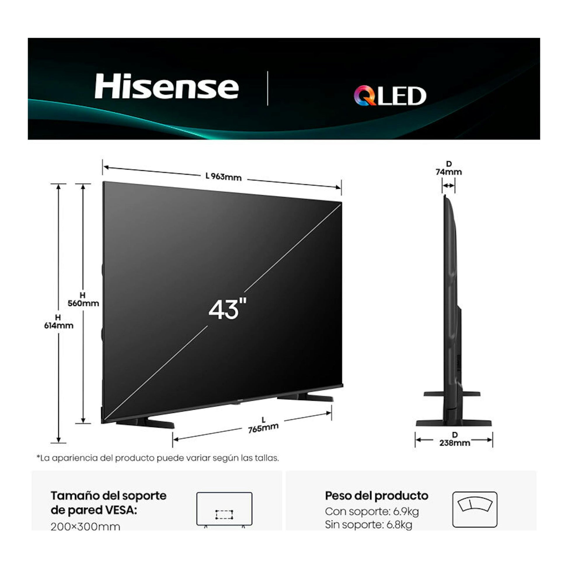 Hisense 43E77Q QLED 4K de 43", vista frontal y lateral del televisor negro con medidas.
