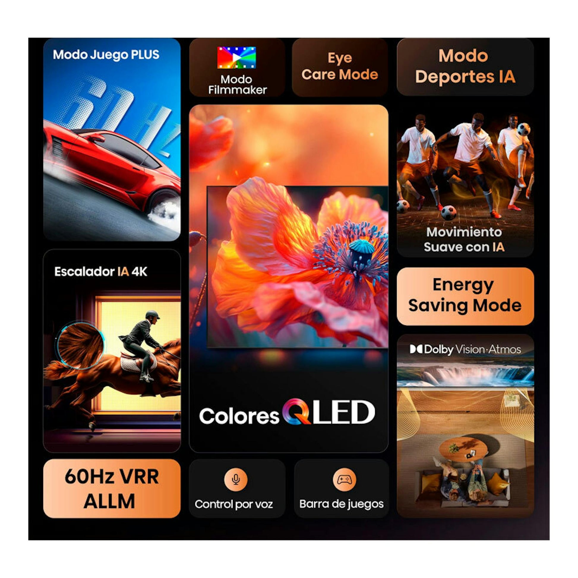 Collage promocional de TV Hisense 43E77Q QLED 4K de 43", con modos de juego, IA, Dolby Vision y Atmos.