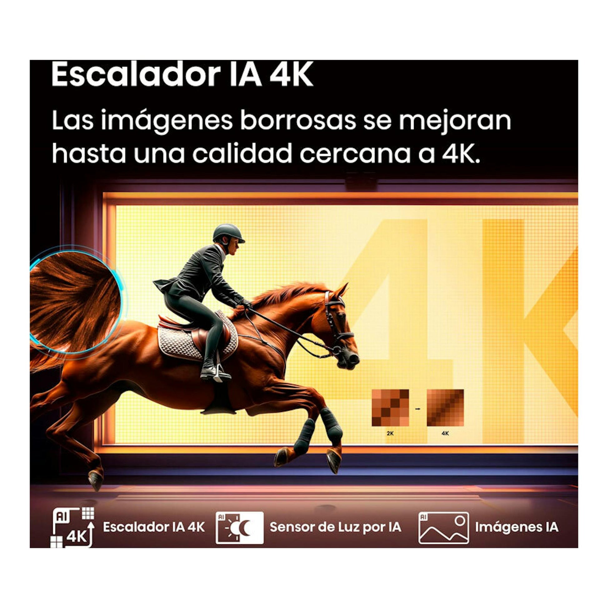 Hisense 43E77Q QLED 4K de 43 pulgadas, gráfico promocional con caballo y jinete en pantalla, texto sobre escalado IA 4K.