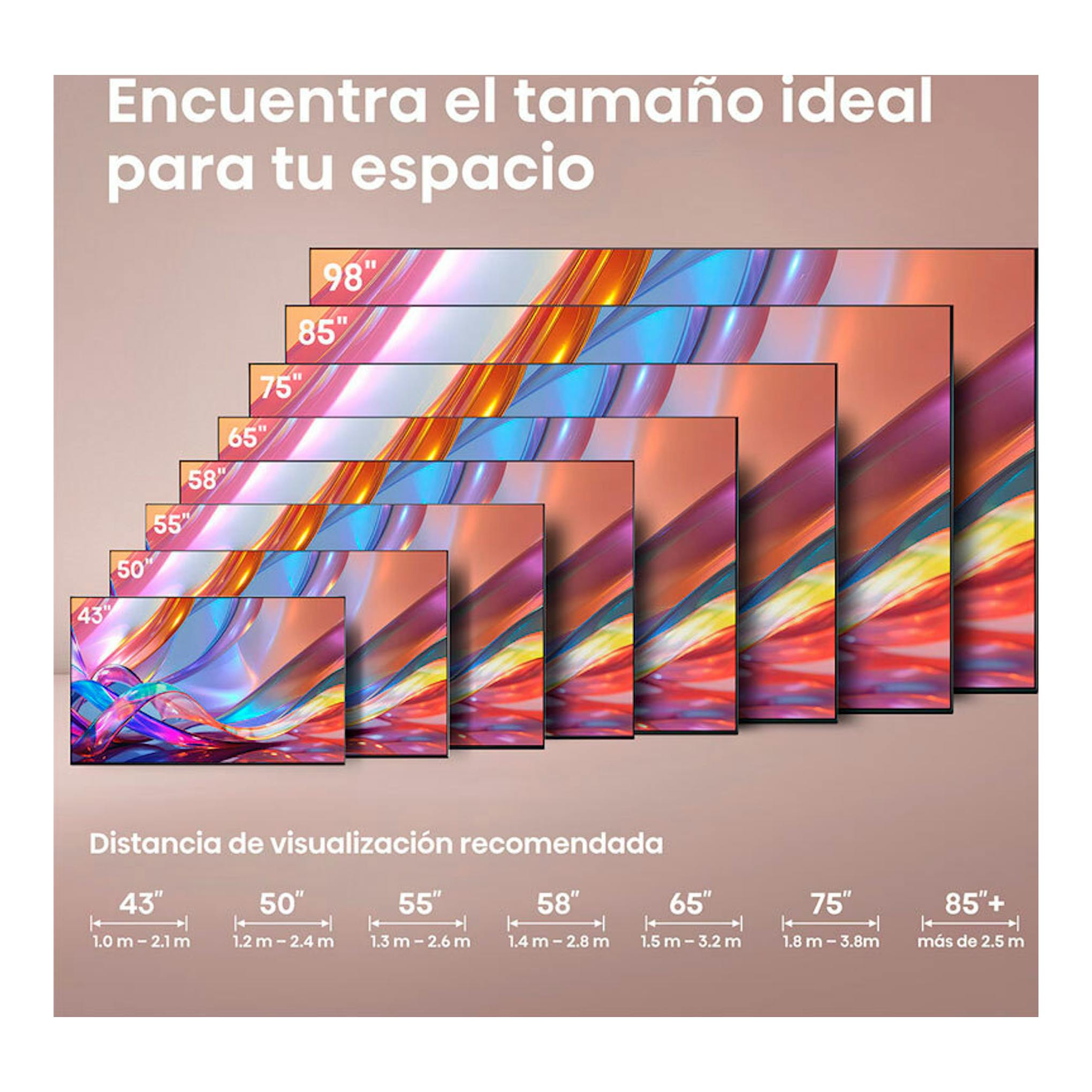 Infografía de Hisense 43Q7S con televisores de 43 a 98 pulgadas y distancias de visualización recomendadas.
