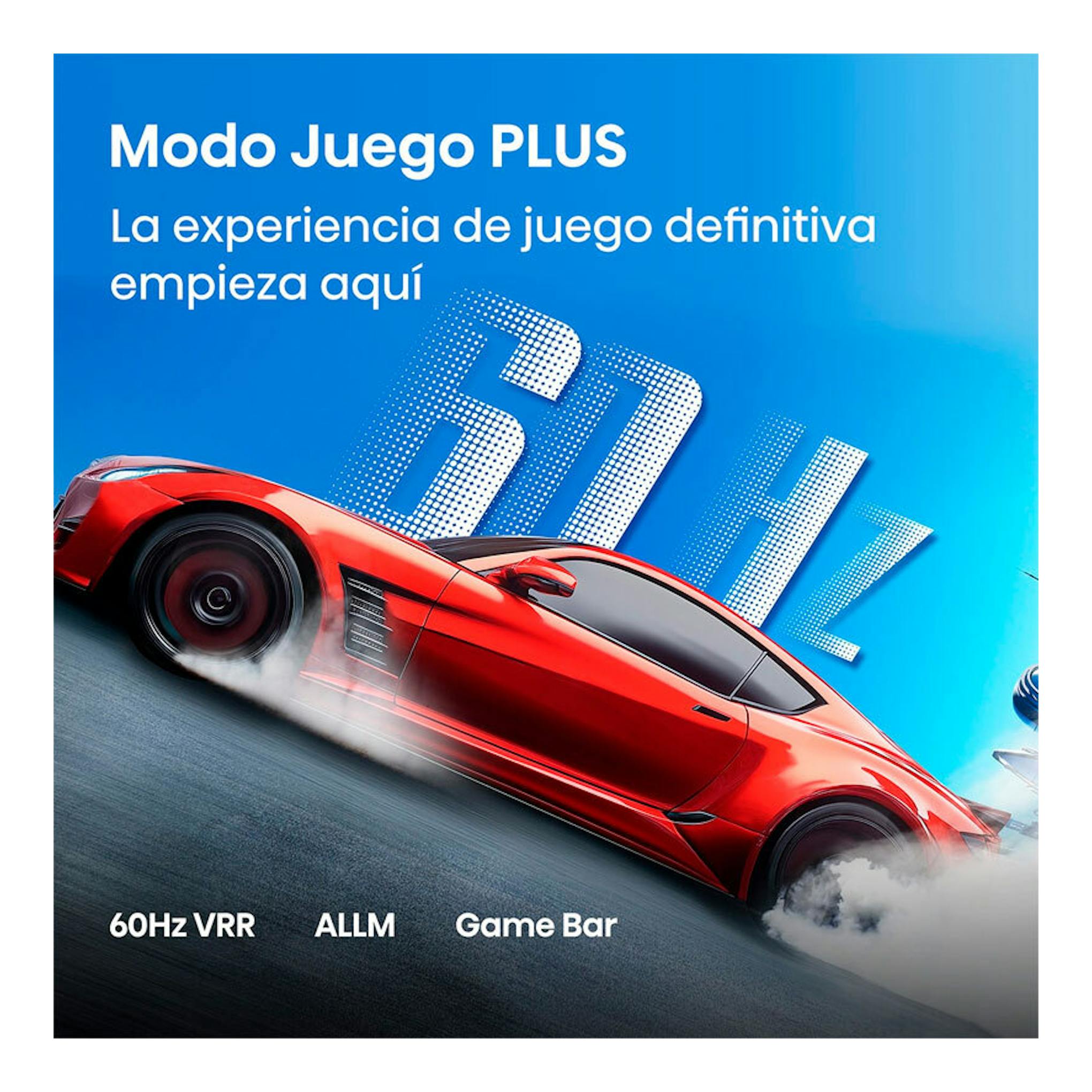 Hisense 43Q7S: auto deportivo rojo en un gráfico con «Modo Juego PLUS» y 60Hz VRR, ALLM, Game Bar.