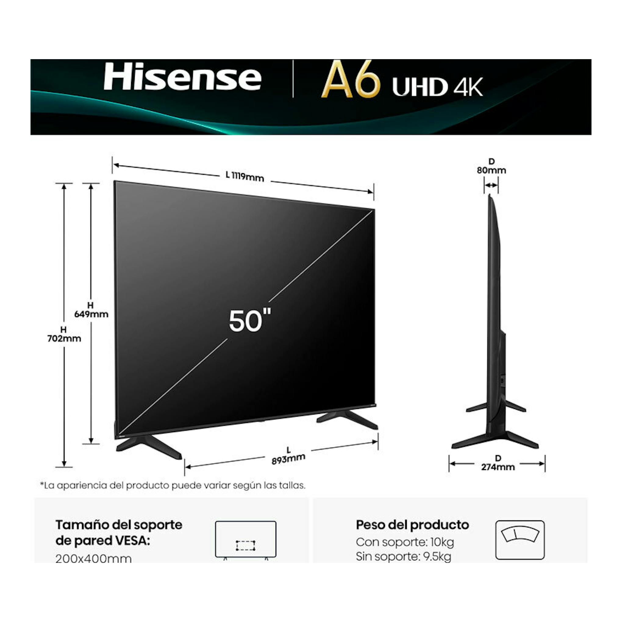 Televisor Hisense 50A6Q LED 4K de 50 pulgadas, vistas frontal y lateral, en negro.