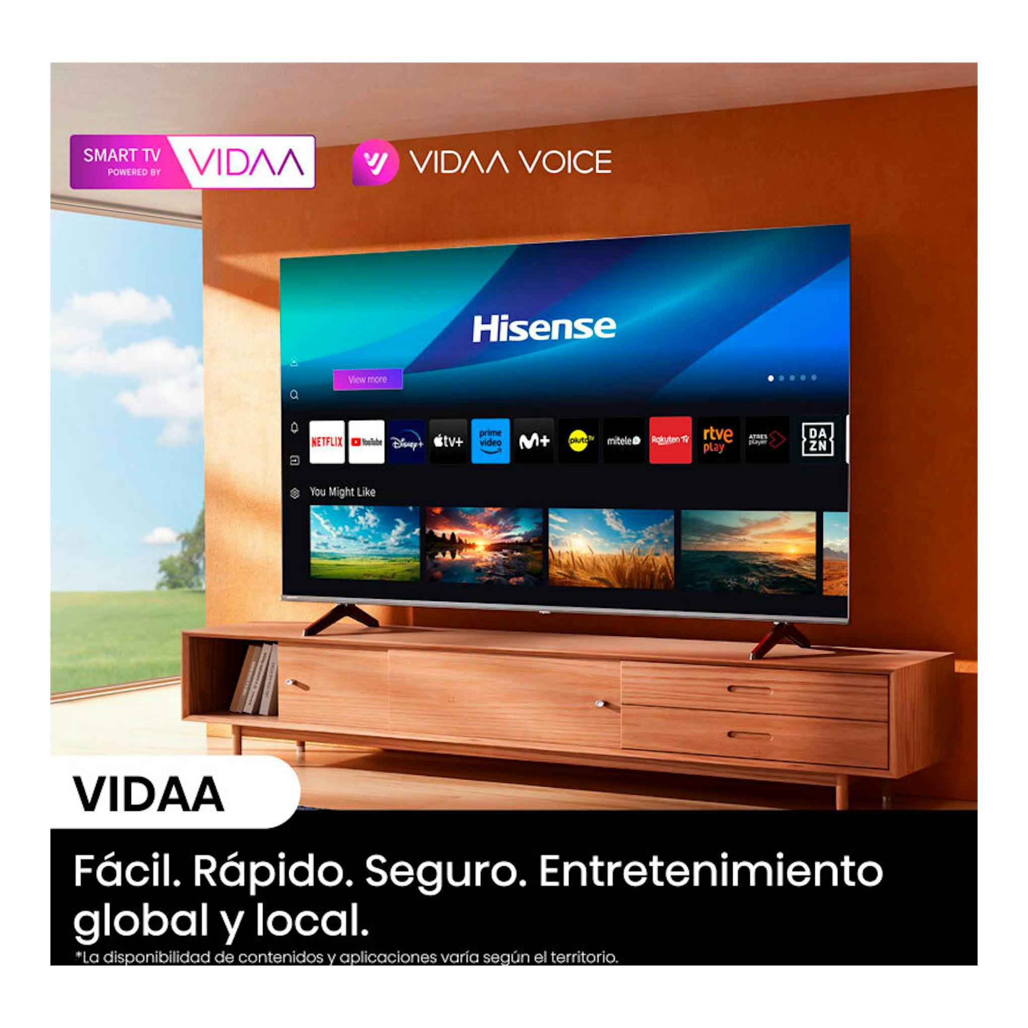 Televisor Hisense 50E6NT 4K, vista frontal, con interfaz VIDAA en una sala de estar.