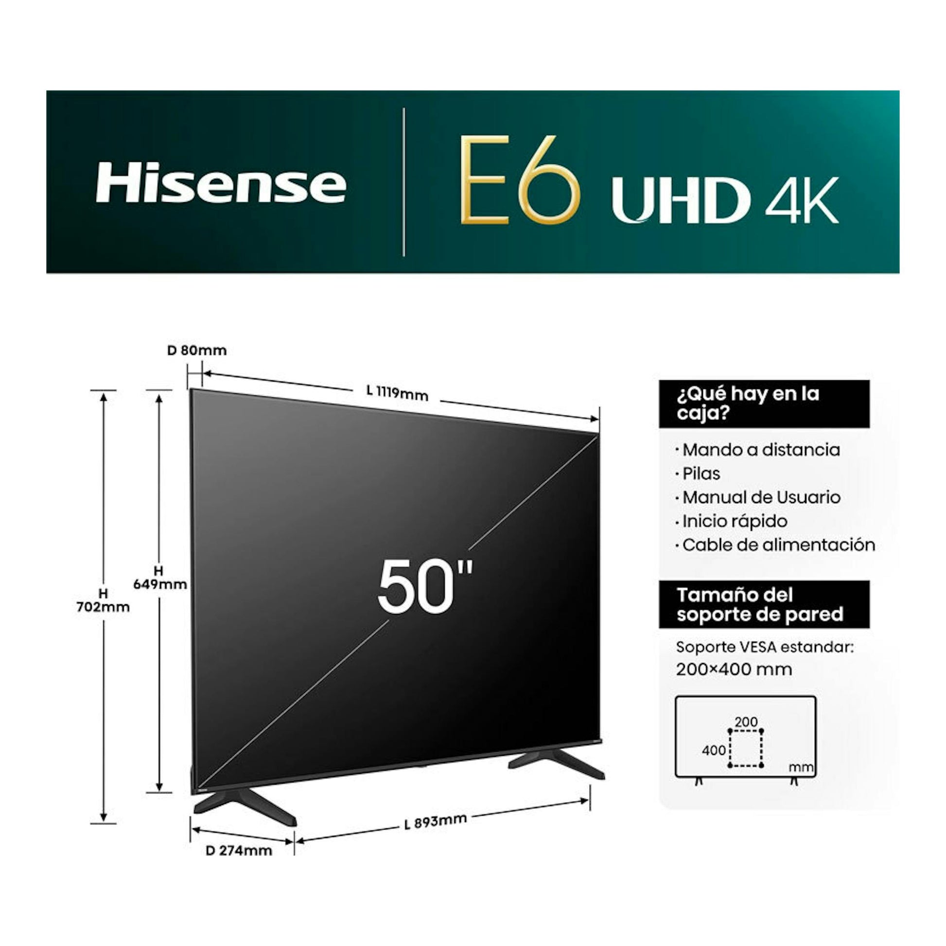 Televisor Hisense E6 UHD 4K de 50", vista inclinada en negro, con patas y medidas de montaje VESA 200x400 mm.