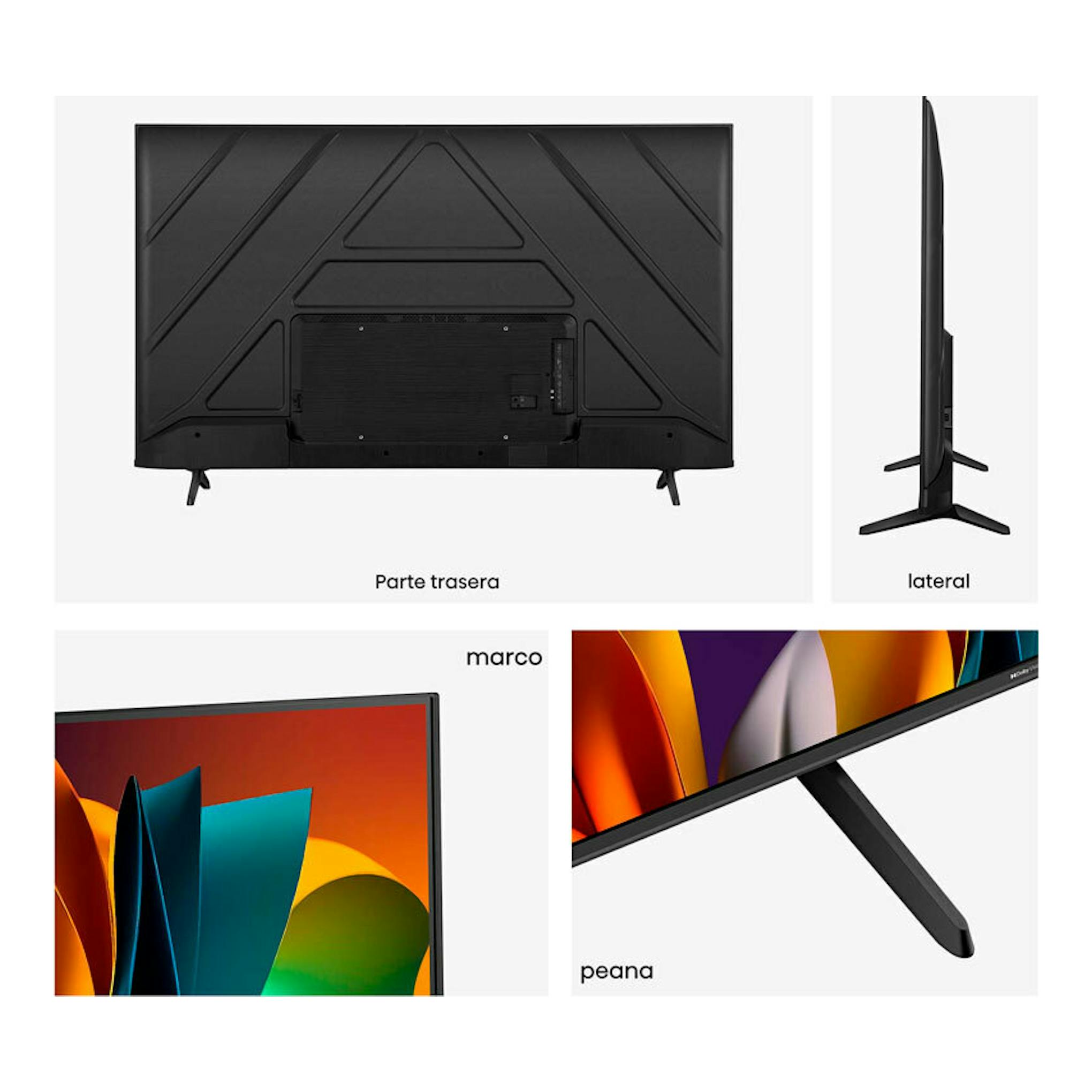 Hisense 50E6NT: televisor LED 4K negro, vistas trasera, lateral y frontal con peana.