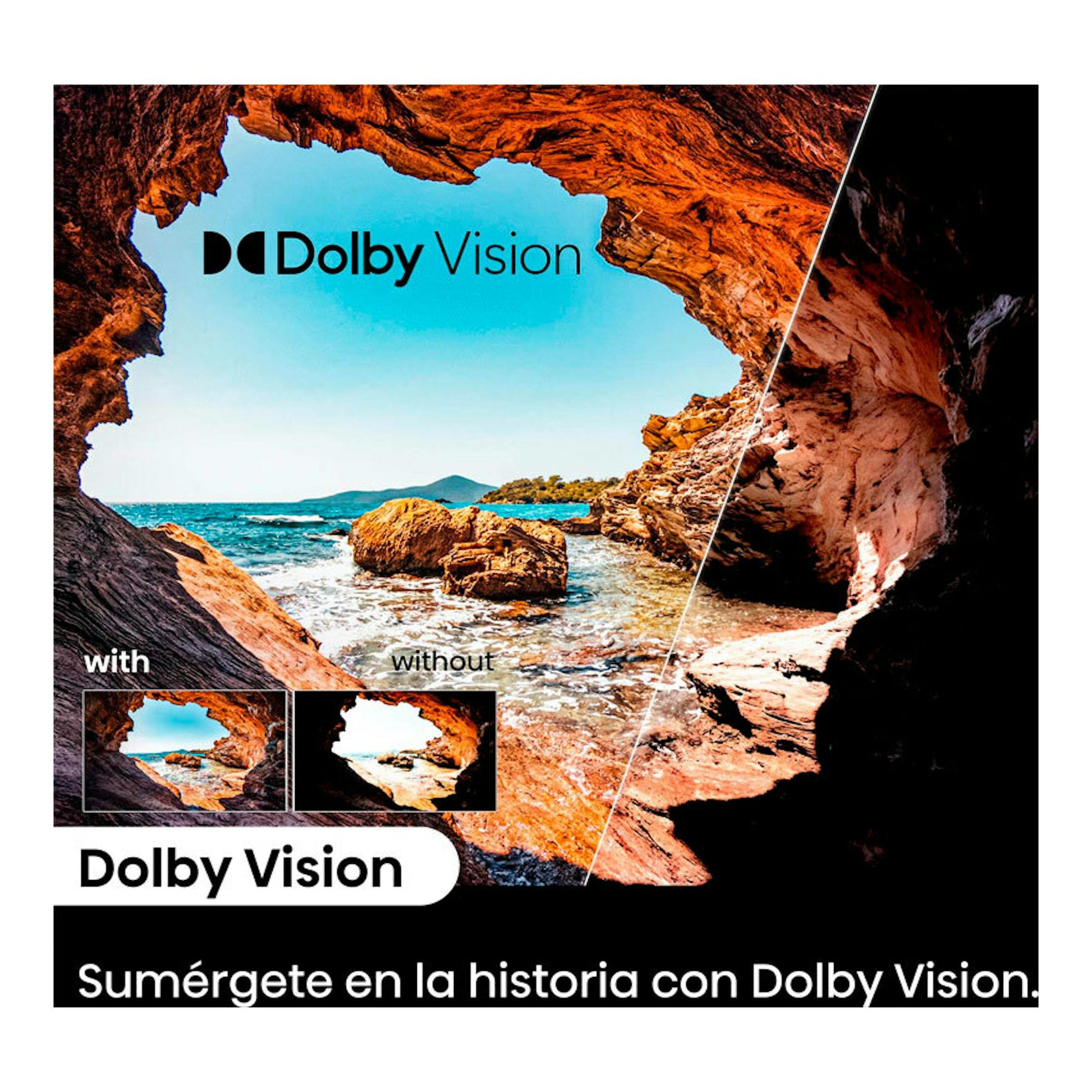 Anuncio de TV Hisense 50E6NT con imagen de costa y texto Dolby Vision, comparativa con y sin.