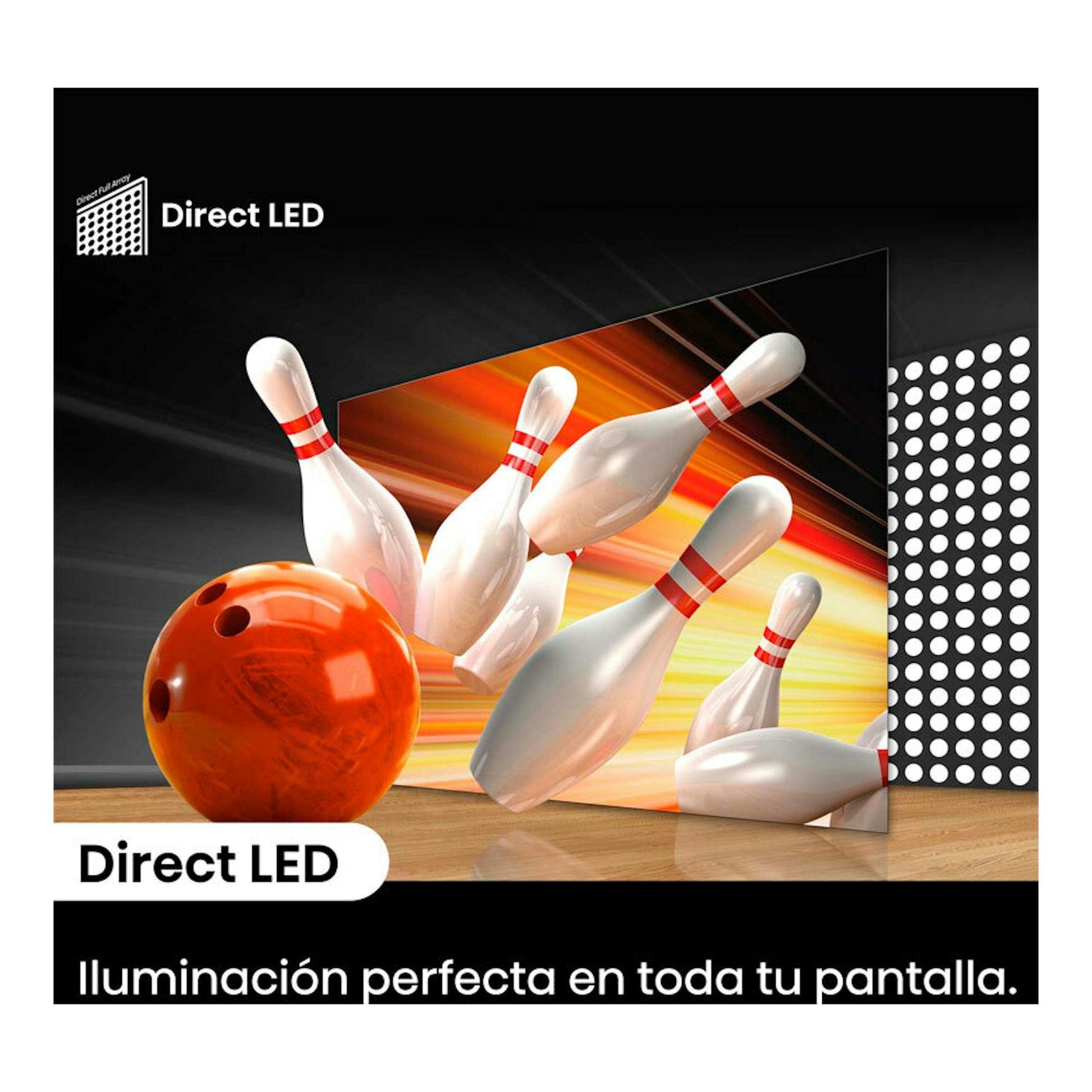 Anuncio de TV Hisense 50E6NT con pantalla Direct LED mostrando bolos y una bola naranja.
