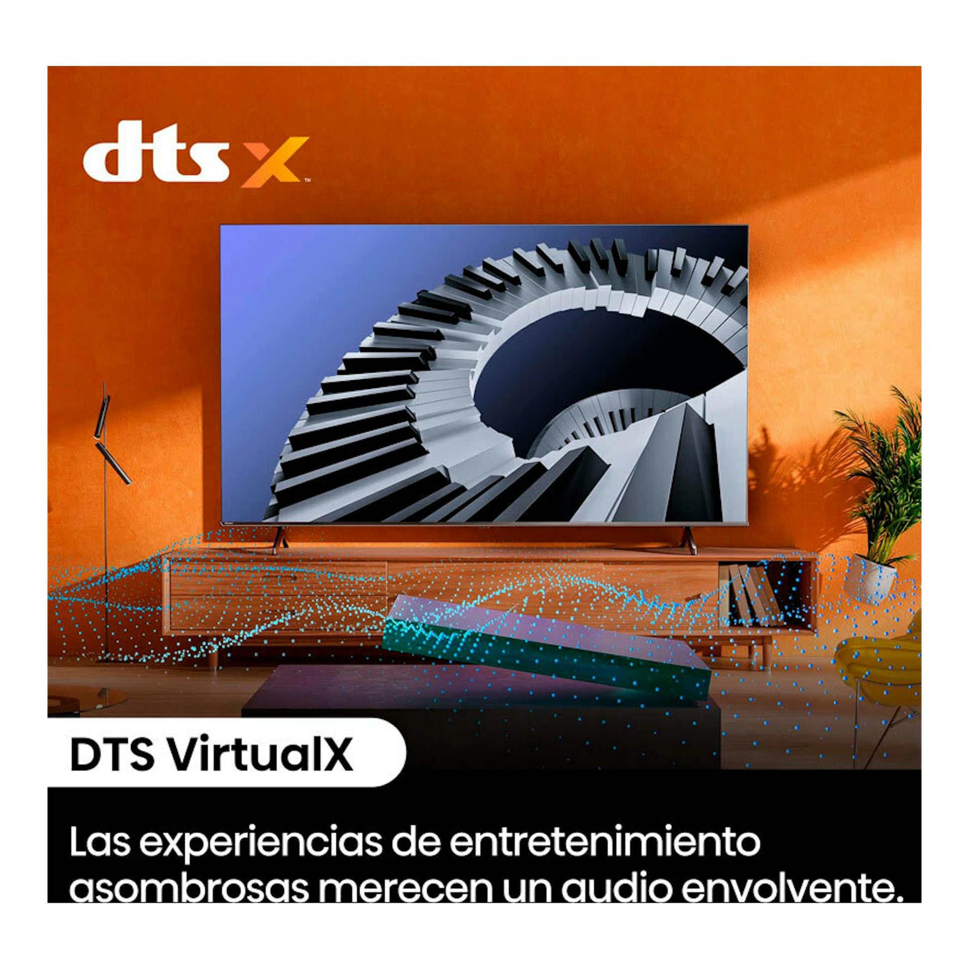 Hisense 50E6NT: televisor LED 4K de 50 pulgadas sobre mueble, con imagen de escalera en espiral y DTS VirtualX.