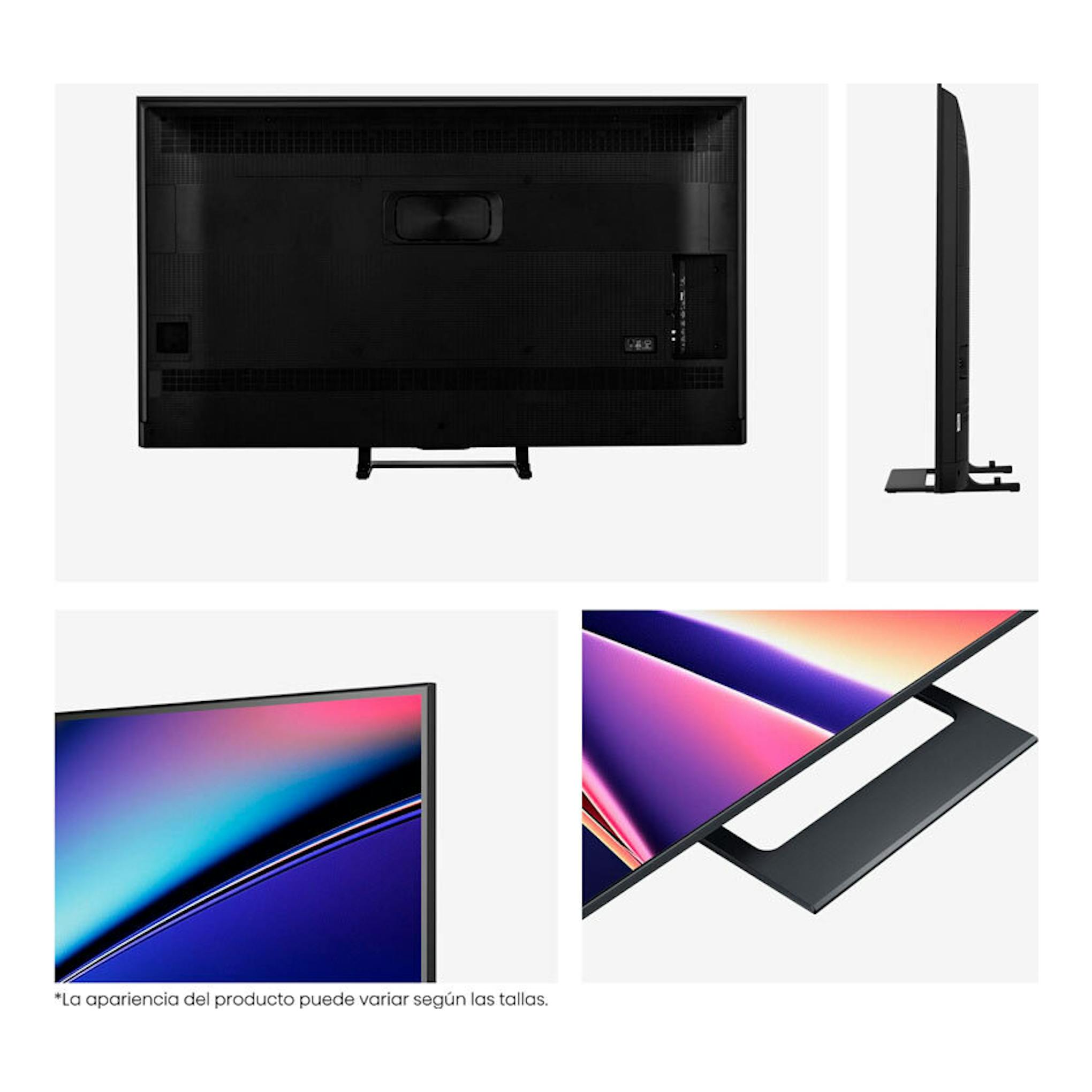 Televisor Hisense 50E8Q MiniLED 4K de 50", vista trasera, lateral y frontal, color negro.