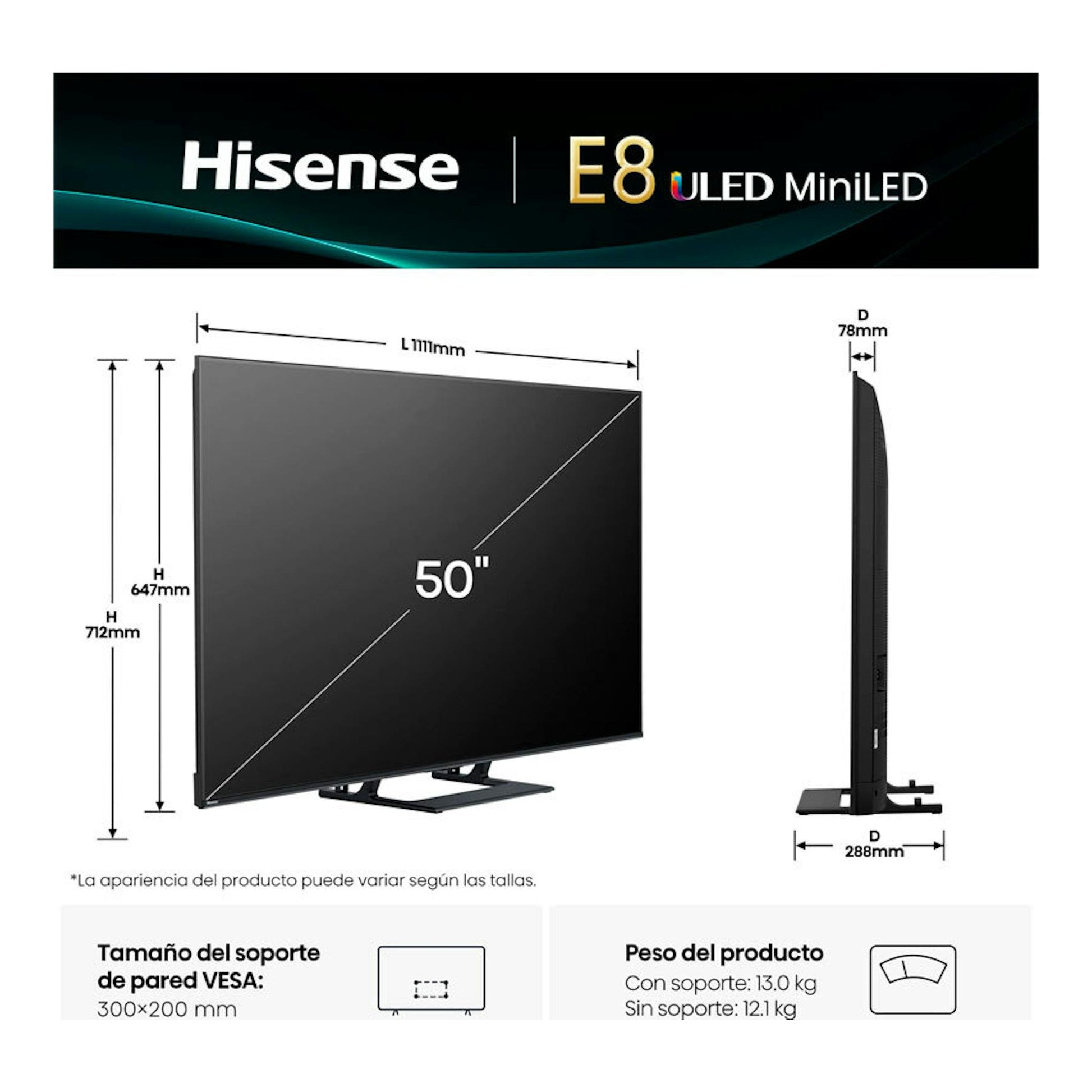 Hisense E8 ULED MiniLED 50E8Q de 50", vista frontal y lateral de TV negro con soporte y medidas.