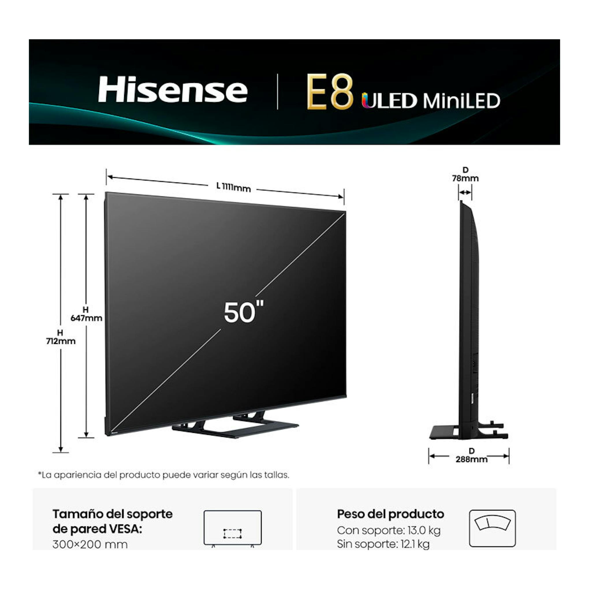 Hisense E8 ULED MiniLED 50E8Q de 50", vista frontal y lateral de TV negro con soporte y medidas.