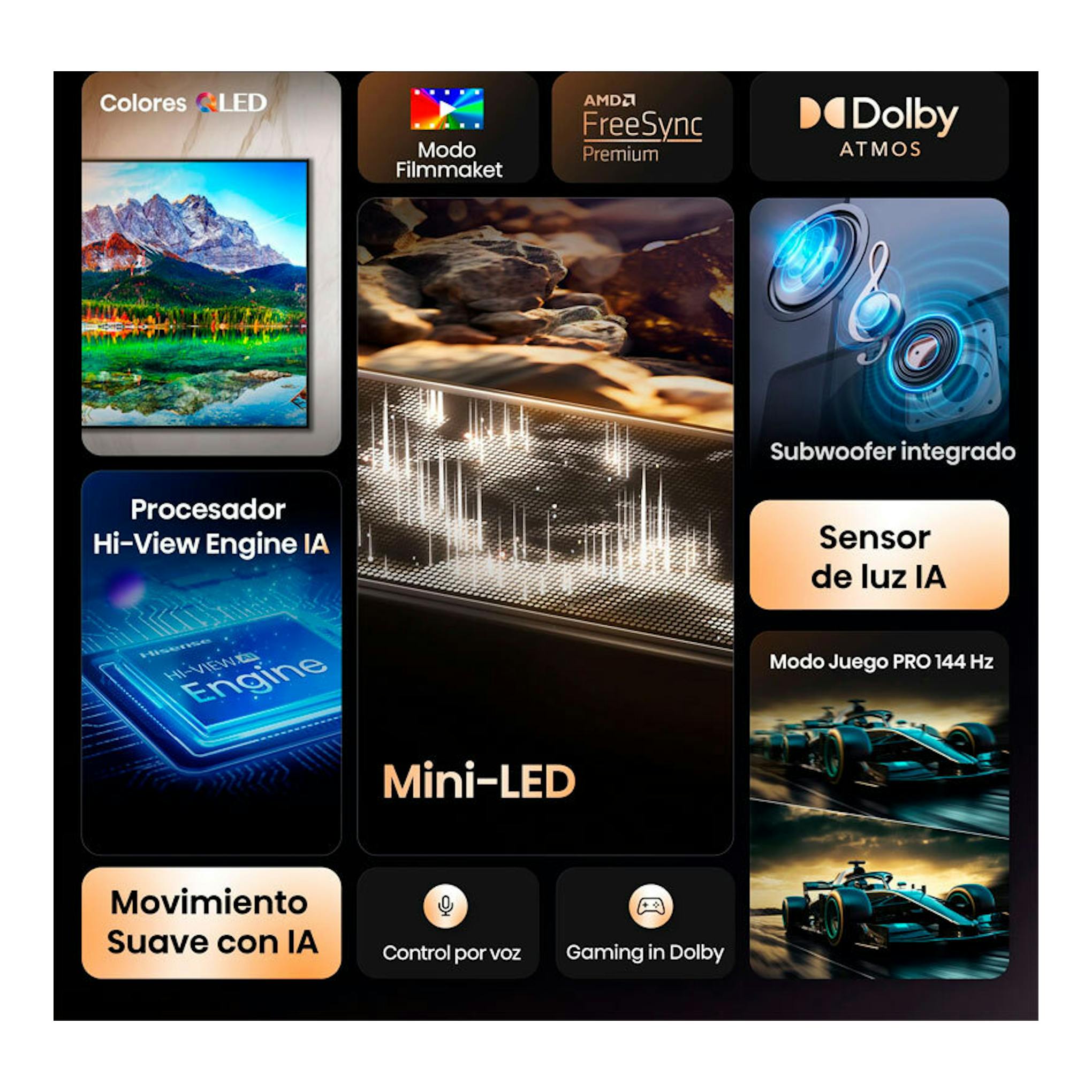 Collage frontal de la TV Hisense 50E8Q MiniLED 4K 50", con funciones y especificaciones destacadas.
