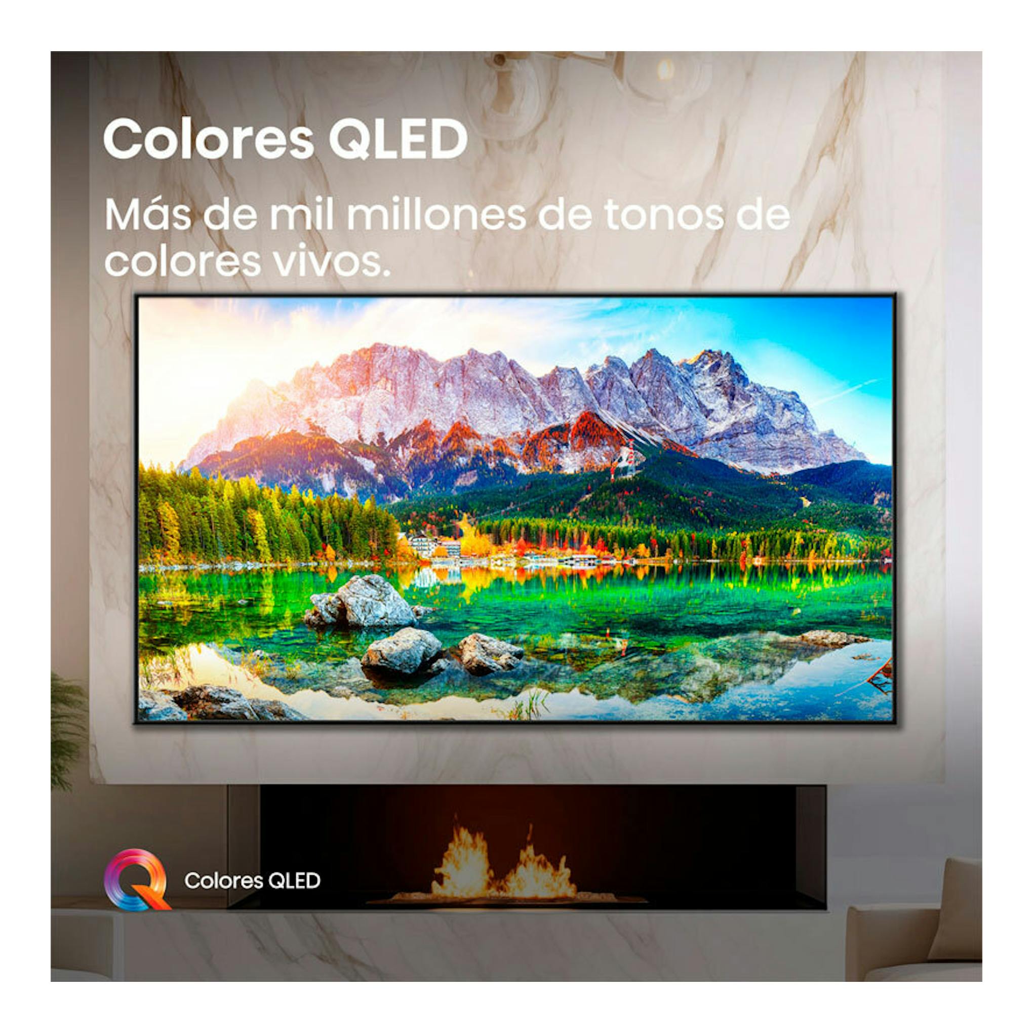 Televisor Hisense 50E8Q MiniLED 4K de 50", montado en pared, vista frontal con paisaje en pantalla.