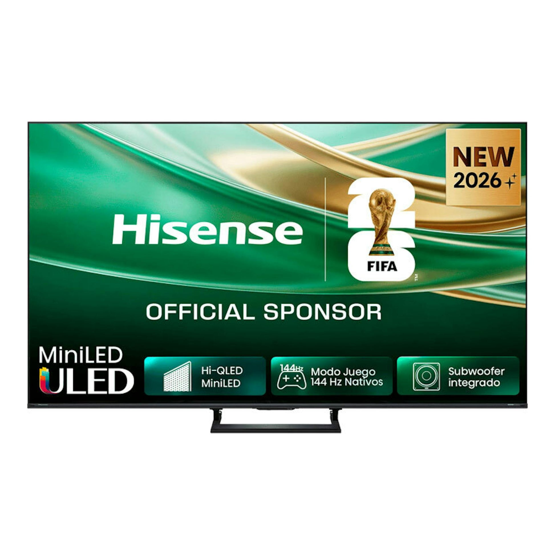 Televisor Hisense 50E8S MiniLED 4K de 50 pulgadas, vista frontal, pantalla verde con logo FIFA.