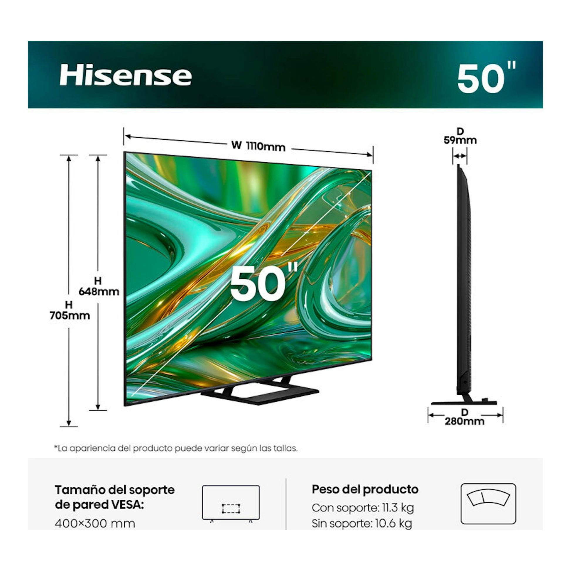Hisense 50E8S 50" TV en vista frontal y lateral, negro, con medidas y soporte.