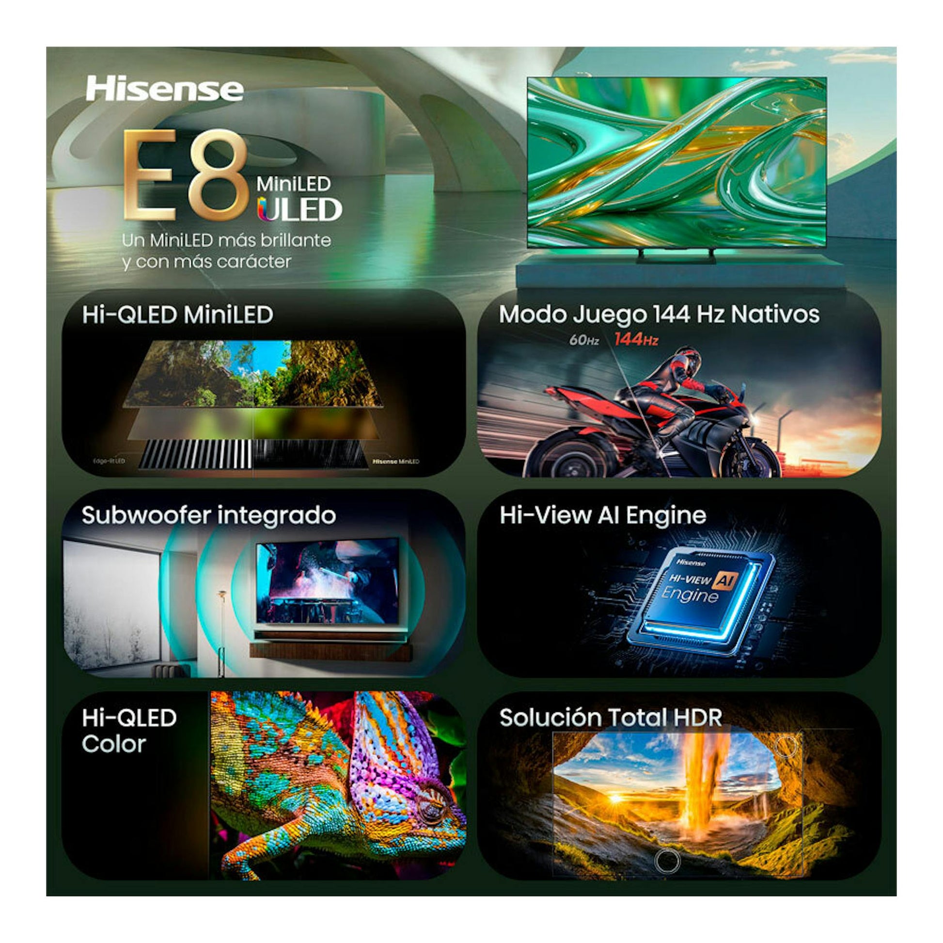 Cartel promocional de Hisense E8 MiniLED ULED con televisor 4K y recuadros de funciones.