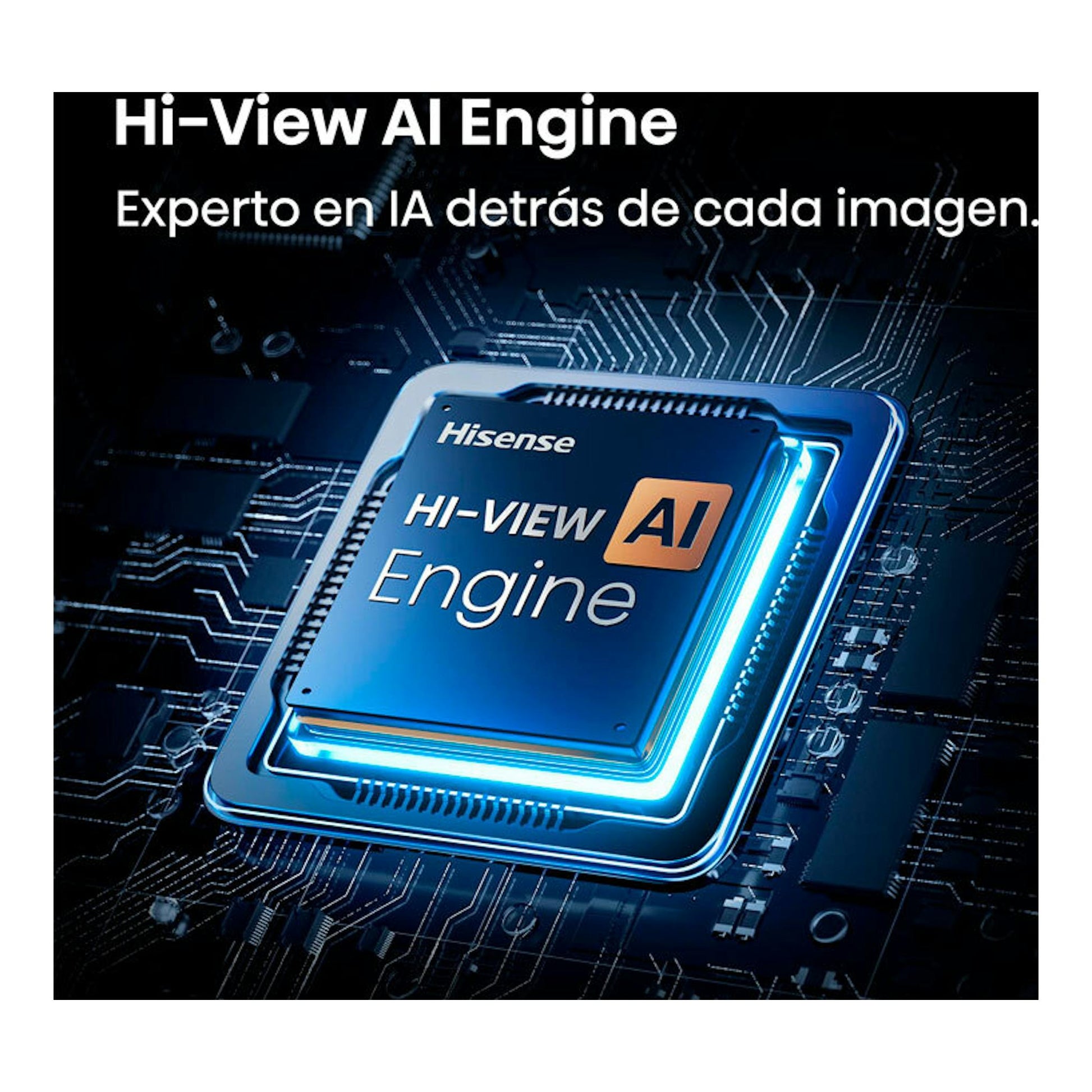 Gráfico 3D del chip Hisense Hi-View AI Engine sobre una placa de circuito, con texto en español.