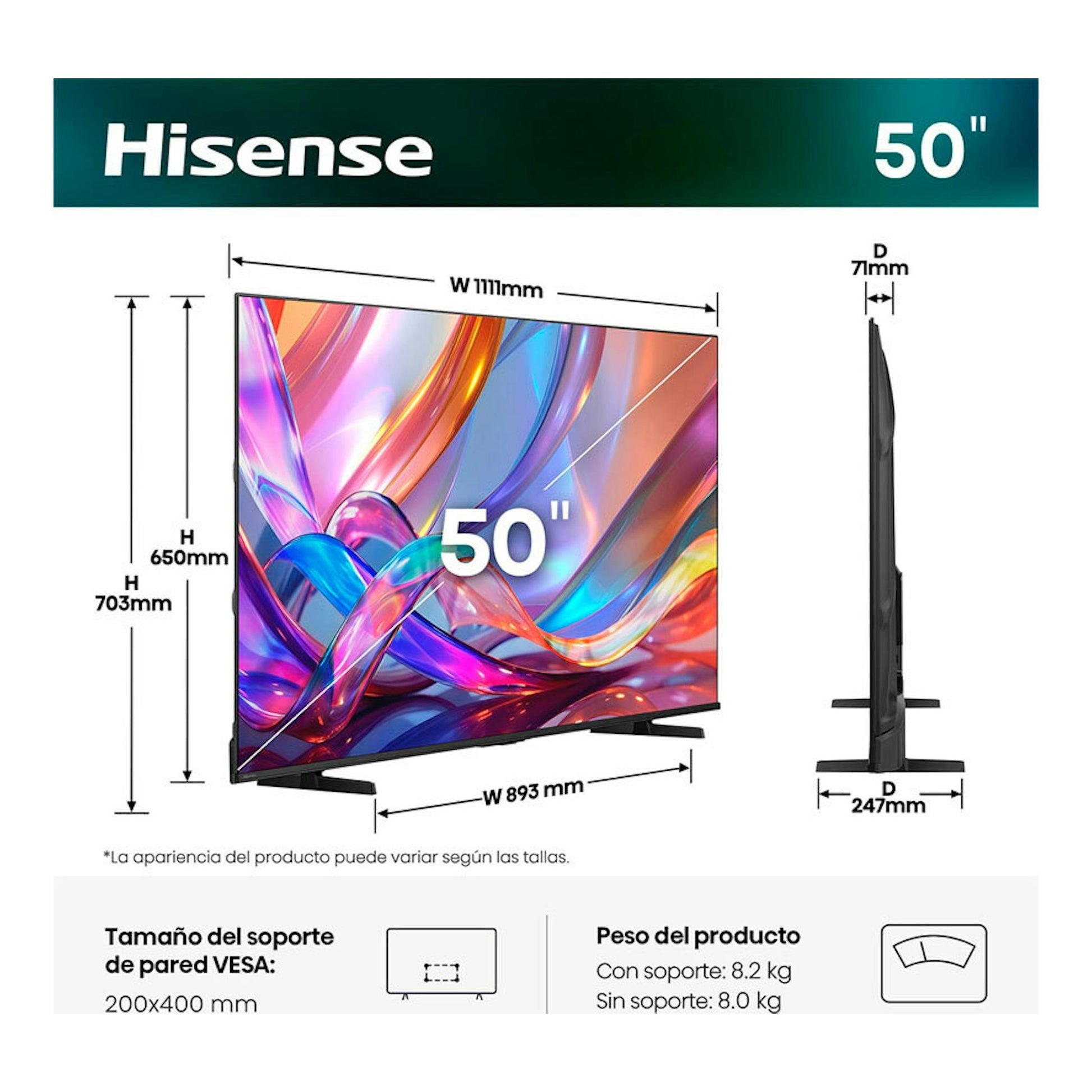 Hisense 50Q7S TV de 50", vista frontal y lateral, con pantalla multicolor y medidas del equipo.