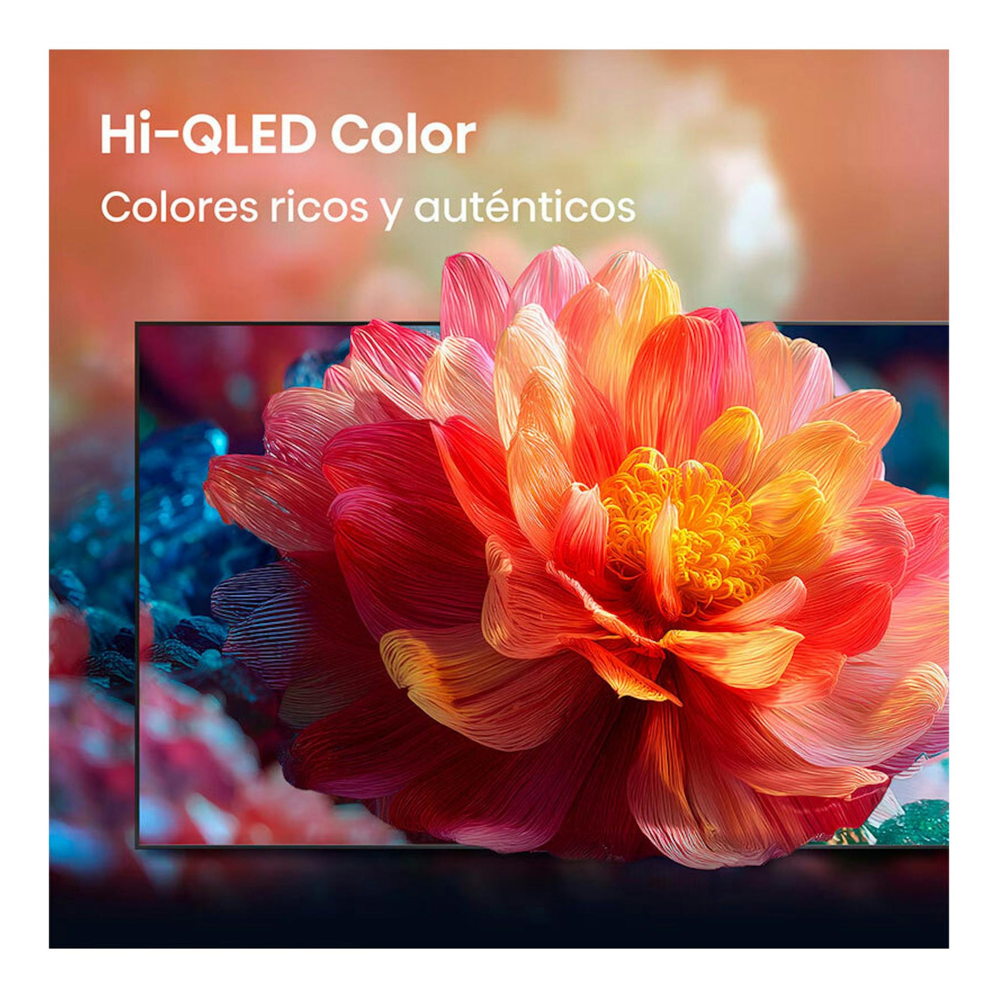 Hisense 50Q7S QLED 4K, vista frontal, con flor multicolor en pantalla y texto «Hi-QLED Color».