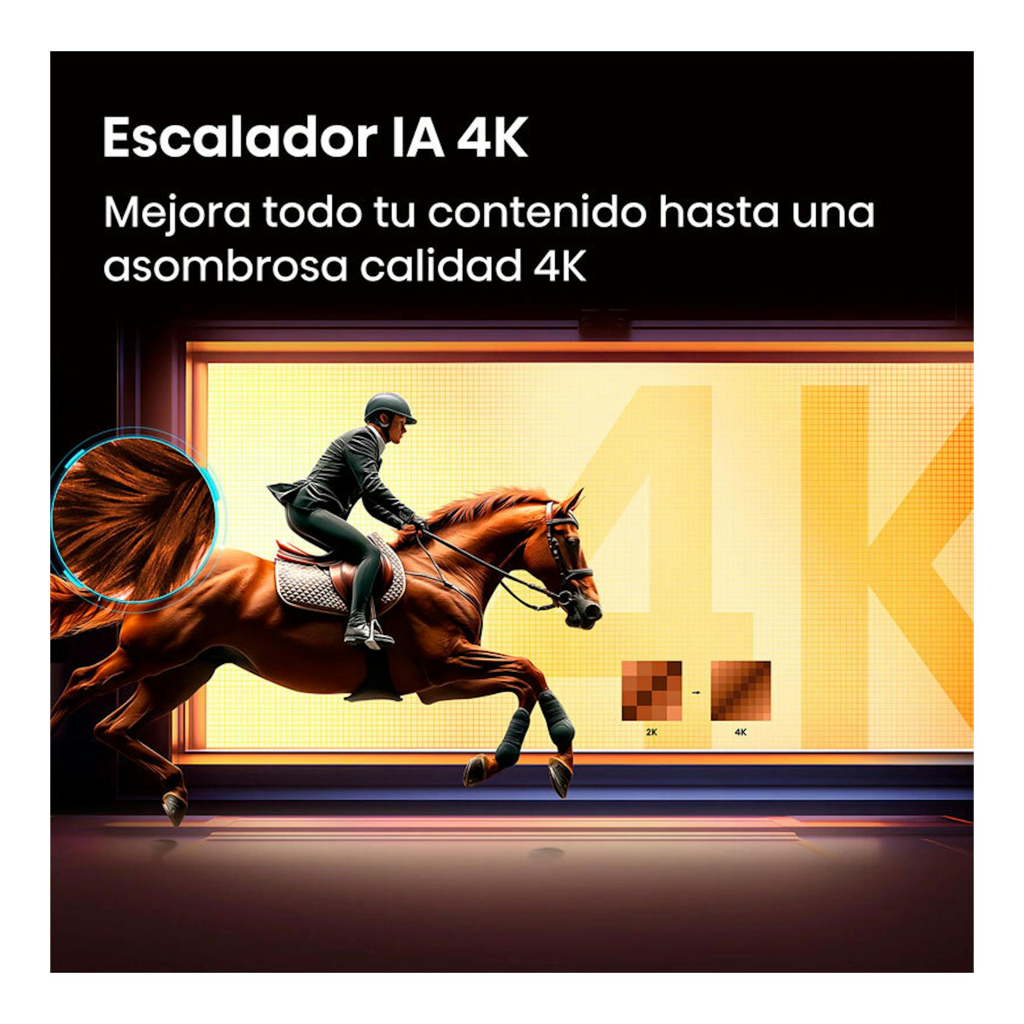Hisense 50Q7S: gráfico promocional con jinete a caballo frente a una pantalla 4K y texto «Escalador IA 4K».