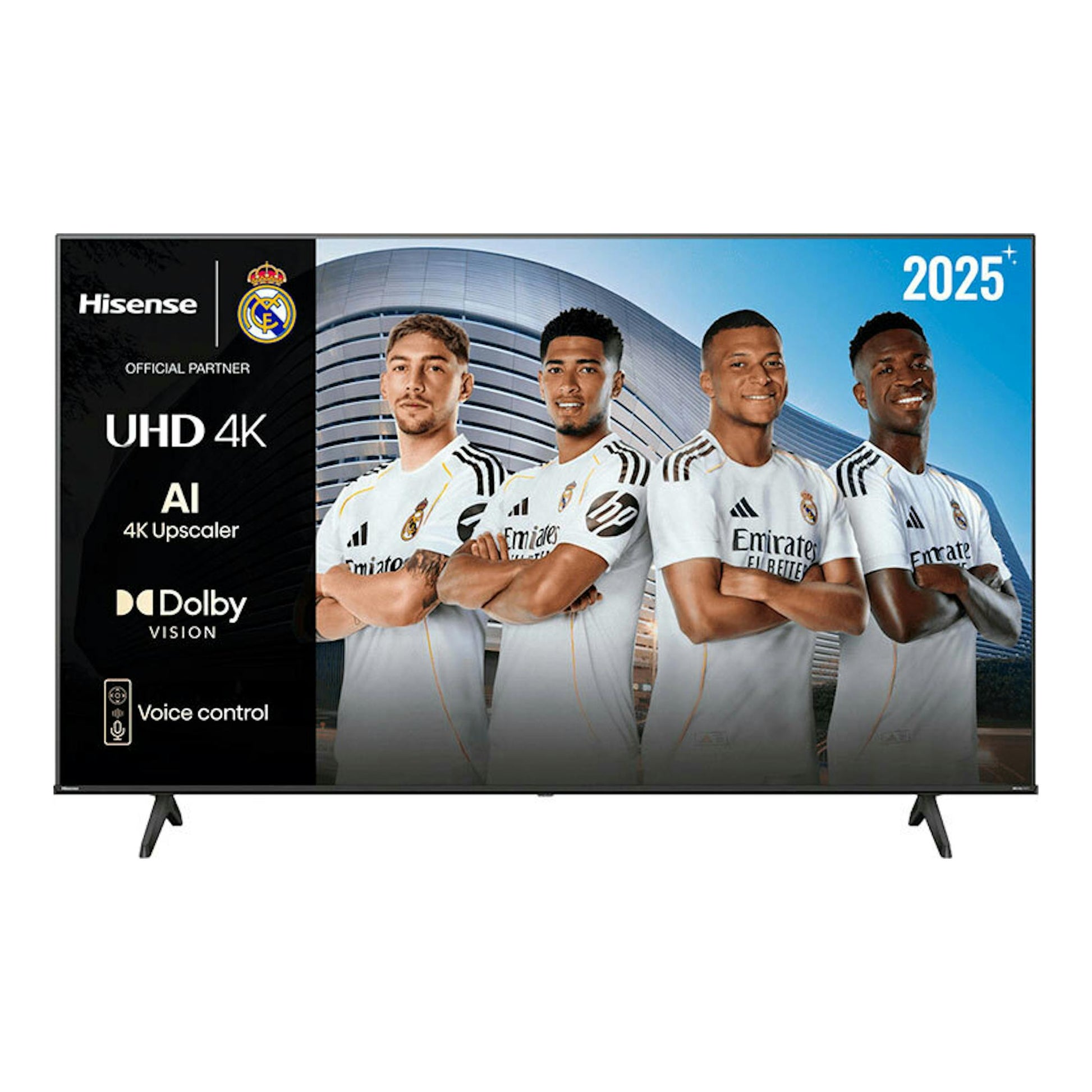 Televisor Hisense 55A6Q LED 4K de 55 pulgadas, vista frontal, con patas negras y anuncio de Real Madrid en pantalla.