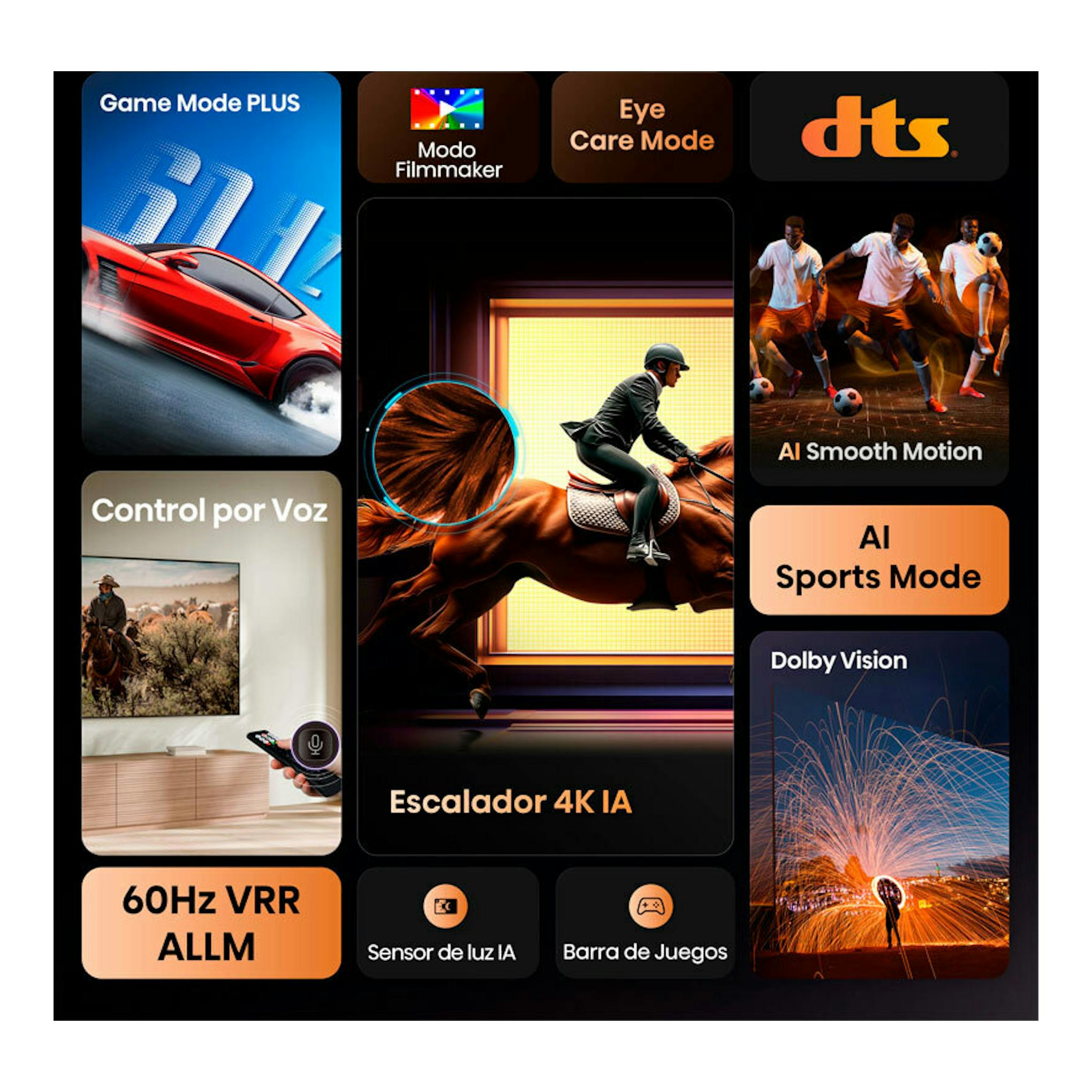 Collage promocional del TV Hisense 55A6Q 4K con modos juego, cine, deportes, Dolby Vision y control por voz.