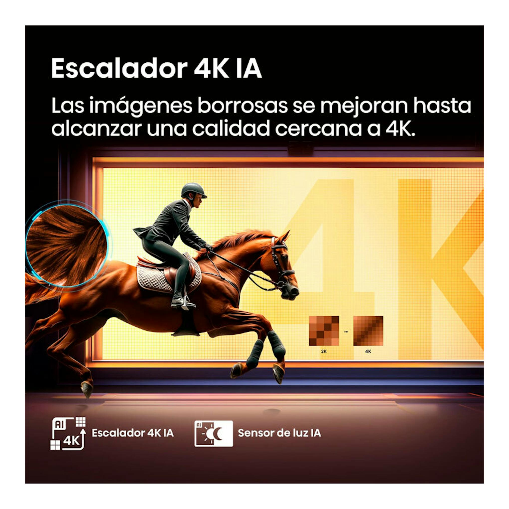 Hisense 55A6Q: gráfico promocional de escalador 4K IA con jinete a caballo y comparación 2K/4K.