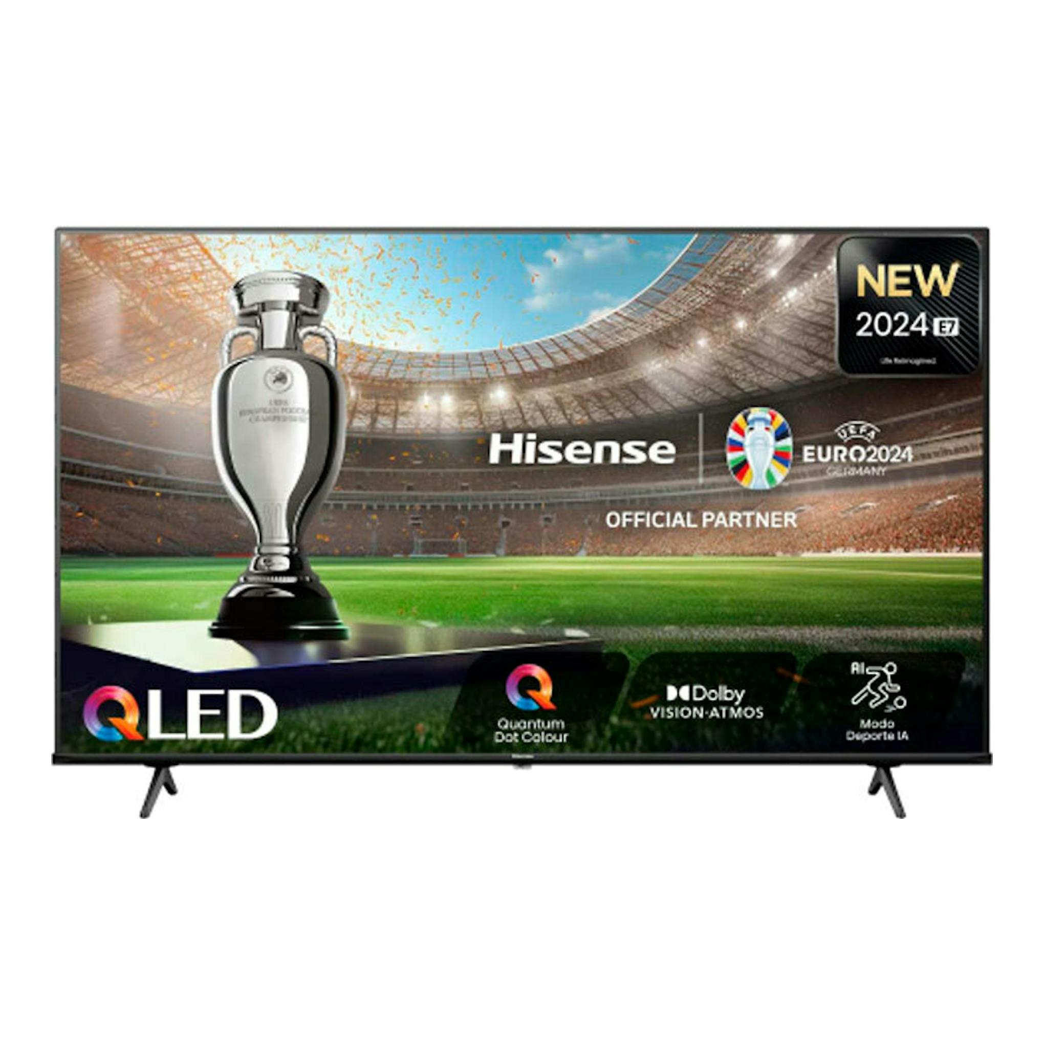 TV Hisense 55E77NQ QLED 4K de 55", vista frontal, pantalla con estadio y trofeo, marco negro.
