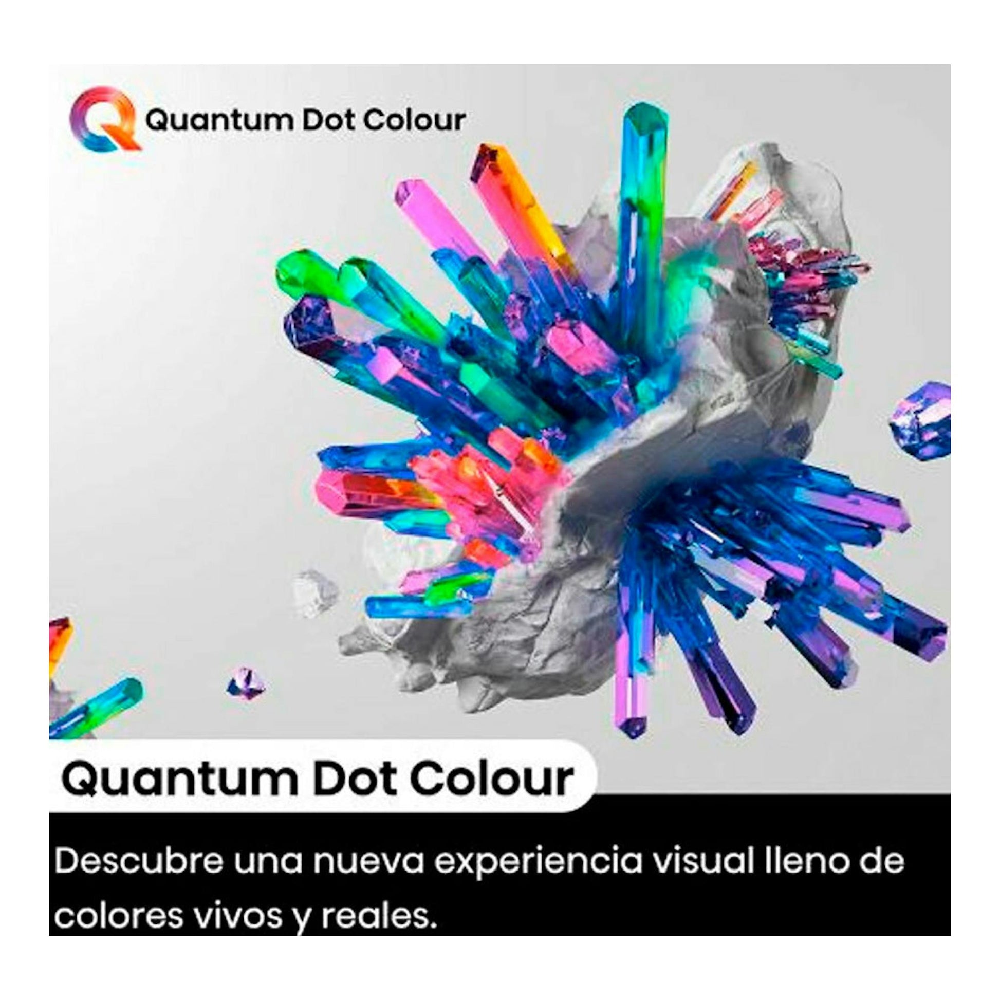 Televisor Hisense 55E77NQ con gráfico de cristales de colores y texto “Quantum Dot Colour”.