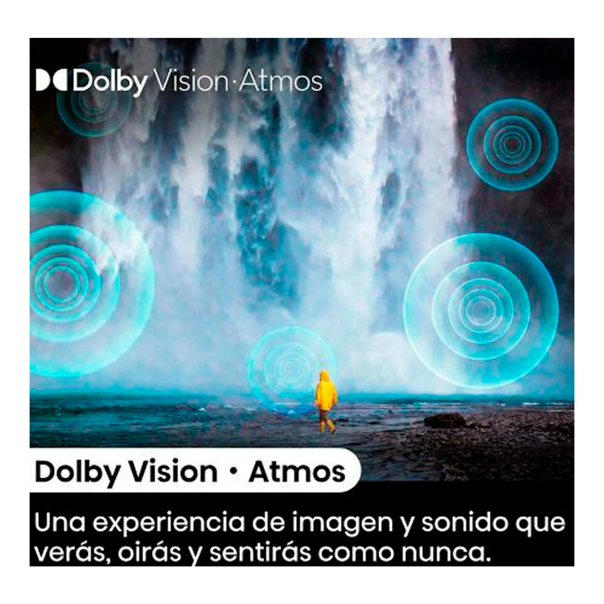 Hisense 55E77NQ: imagen promocional de cascada, una persona y textos de Dolby Vision Atmos.