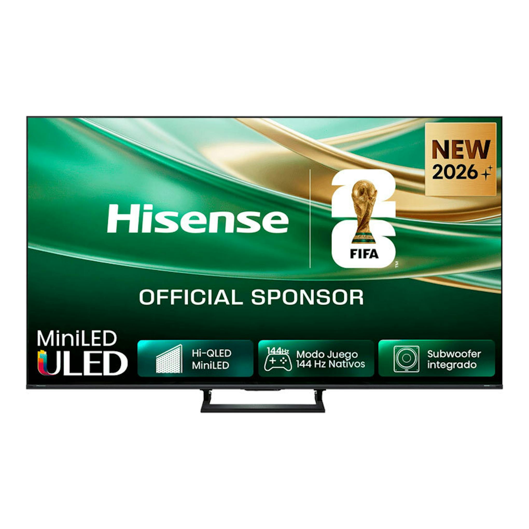 Televisor Hisense 55E8S MiniLED 4K, vista frontal, pantalla encendida con fondo verde y base central.